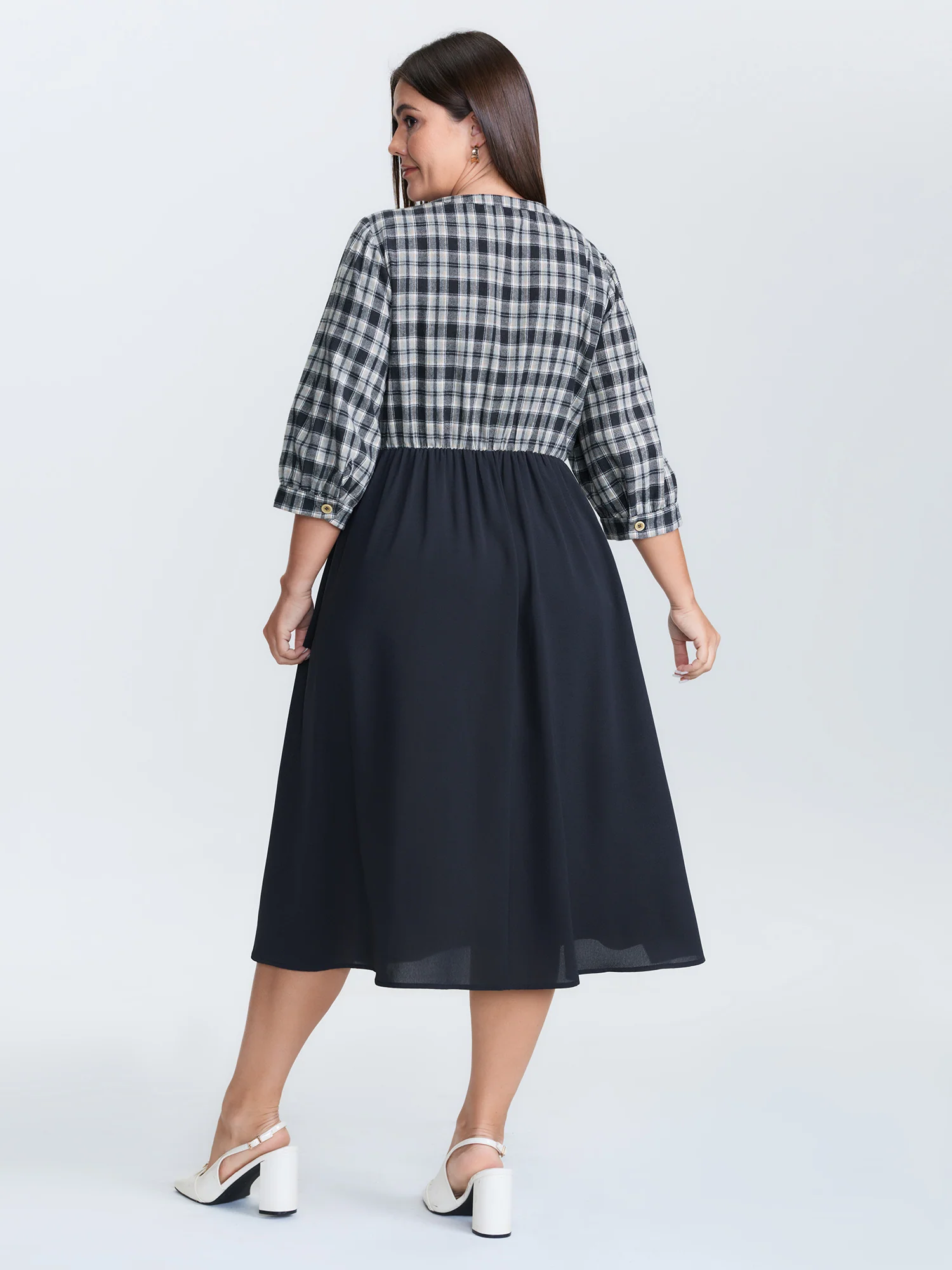 Grid Print Color Contrast Ruffled Midi Dress - Image 4