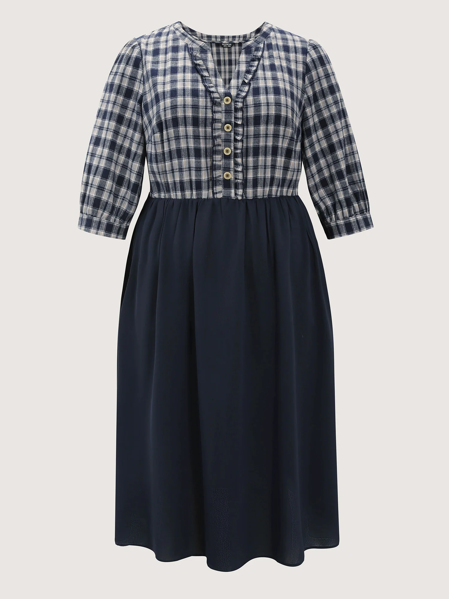 Grid Print Color Contrast Ruffled Midi Dress - Image 7