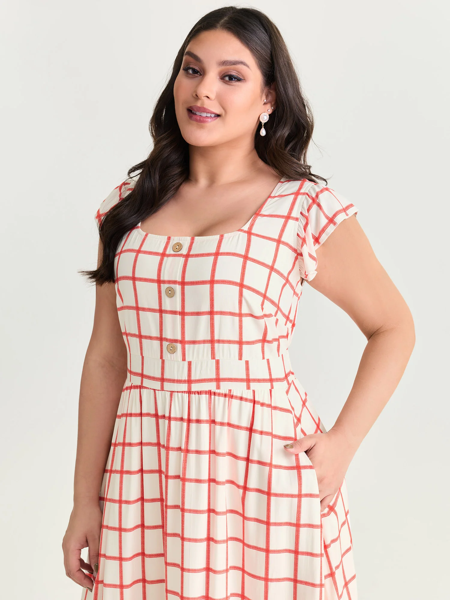 Grid Print Crochet Floral Pockets Midi Dress - Image 2
