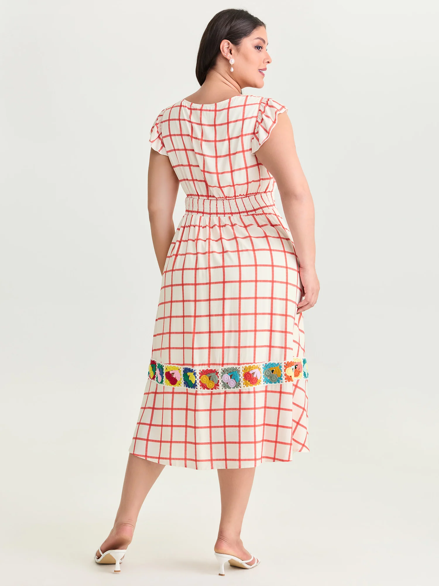 Grid Print Crochet Floral Pockets Midi Dress - Image 3