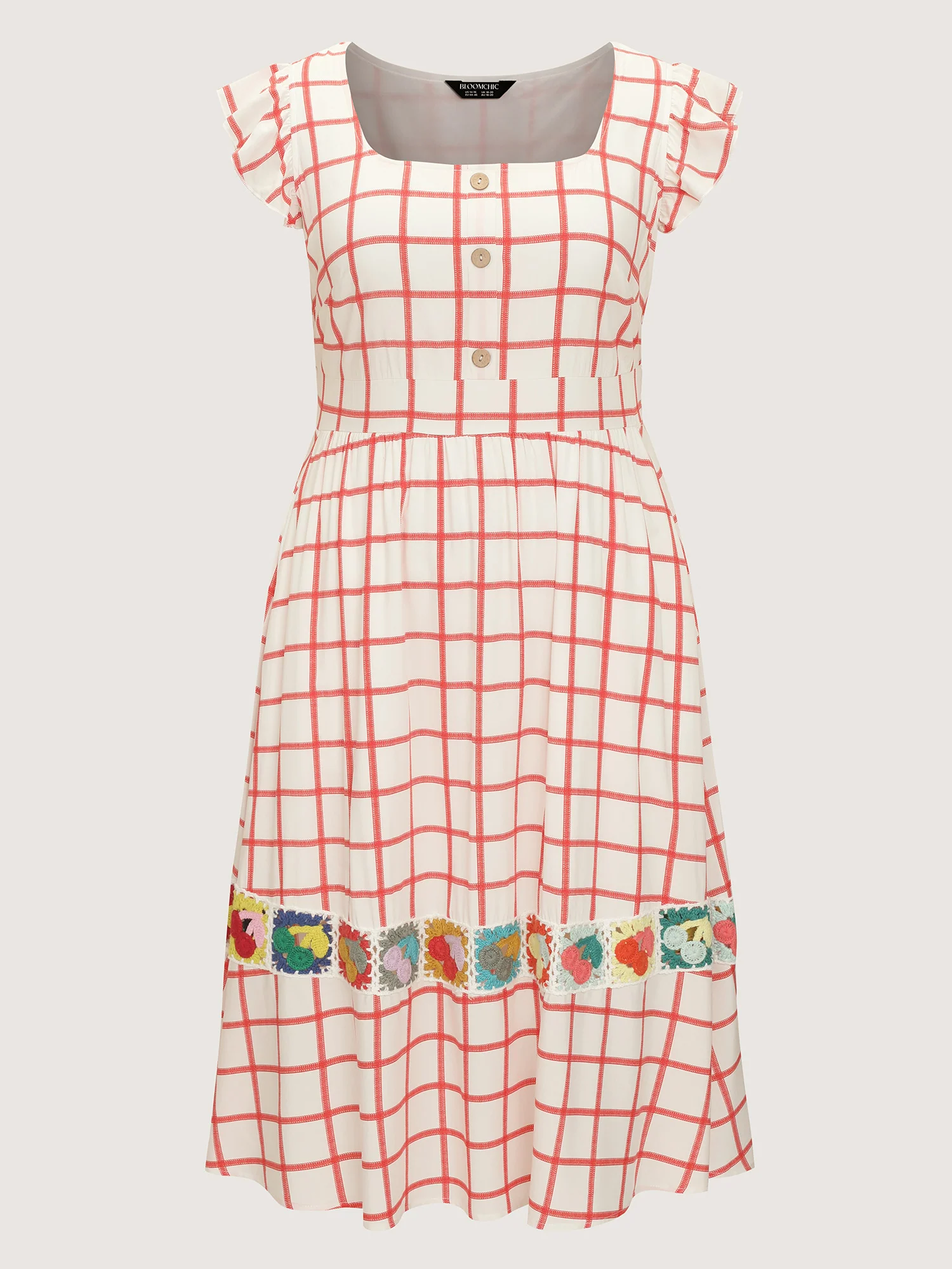 Grid Print Crochet Floral Pockets Midi Dress - Image 6
