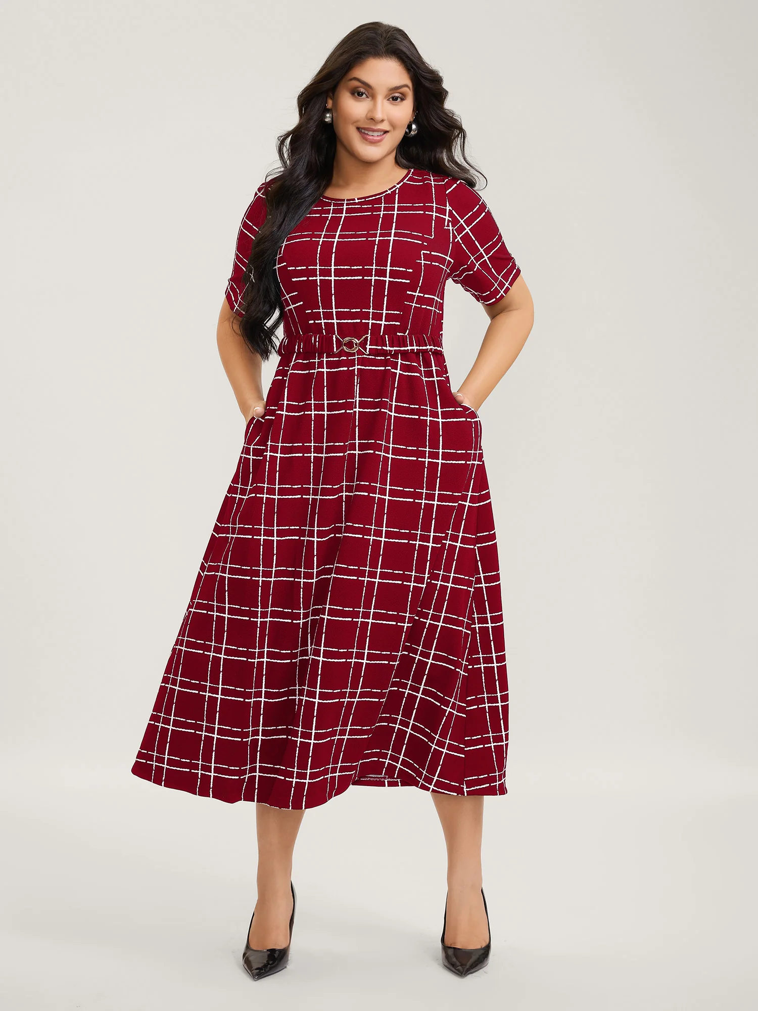 Grid Print Knit Belted Midi Dress - Image 12