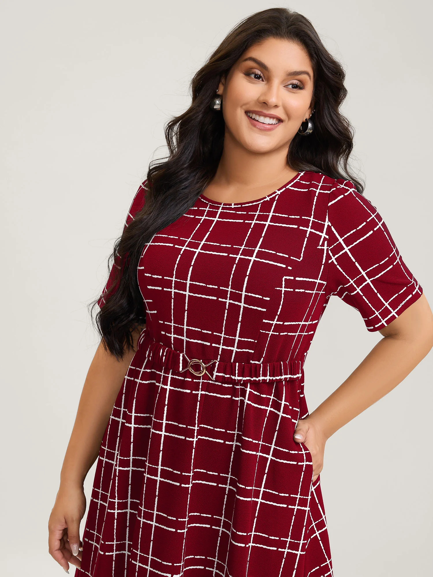 Grid Print Knit Belted Midi Dress - Image 13