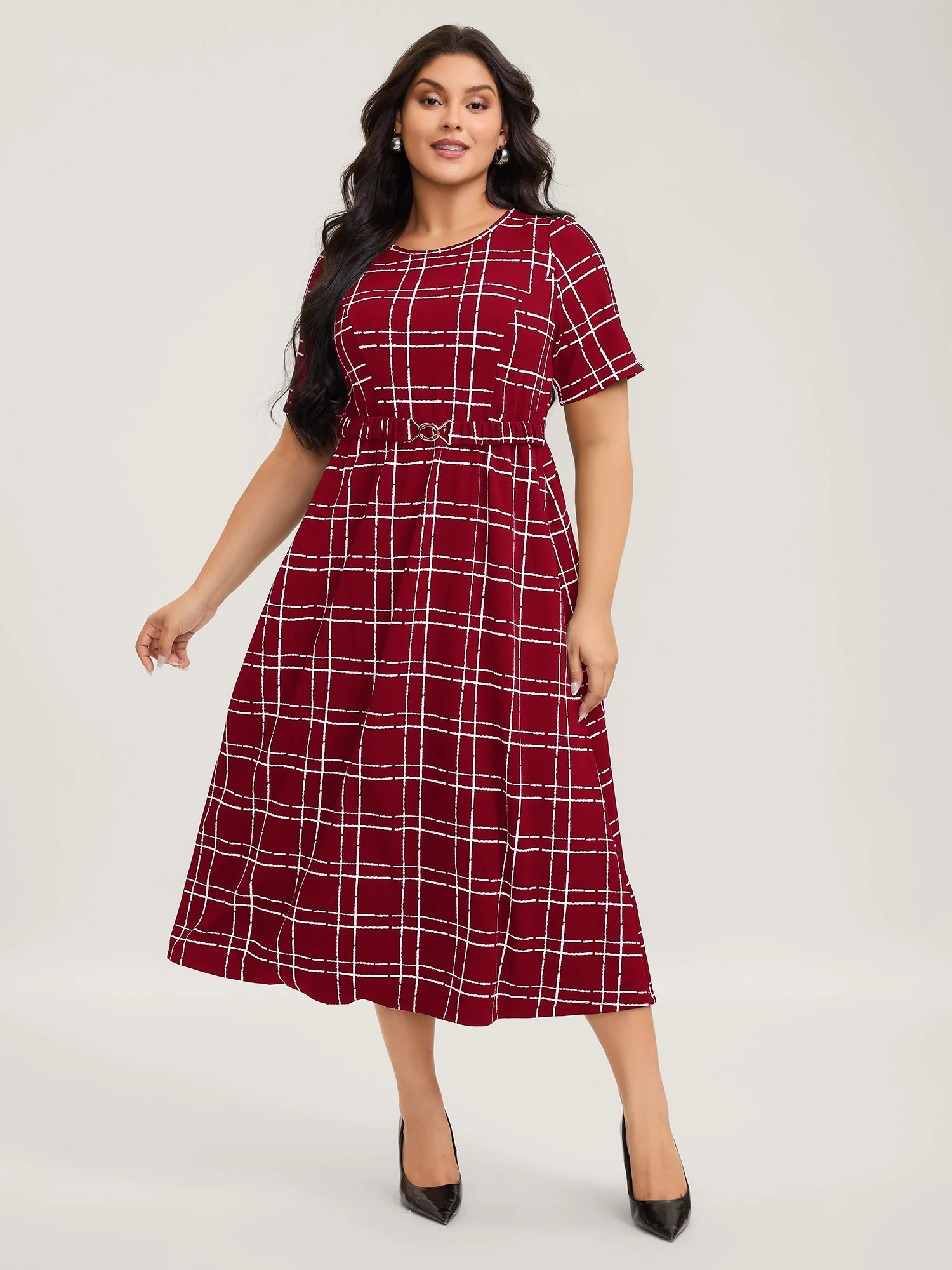 Grid Print Knit Belted Midi Dress - Image 14