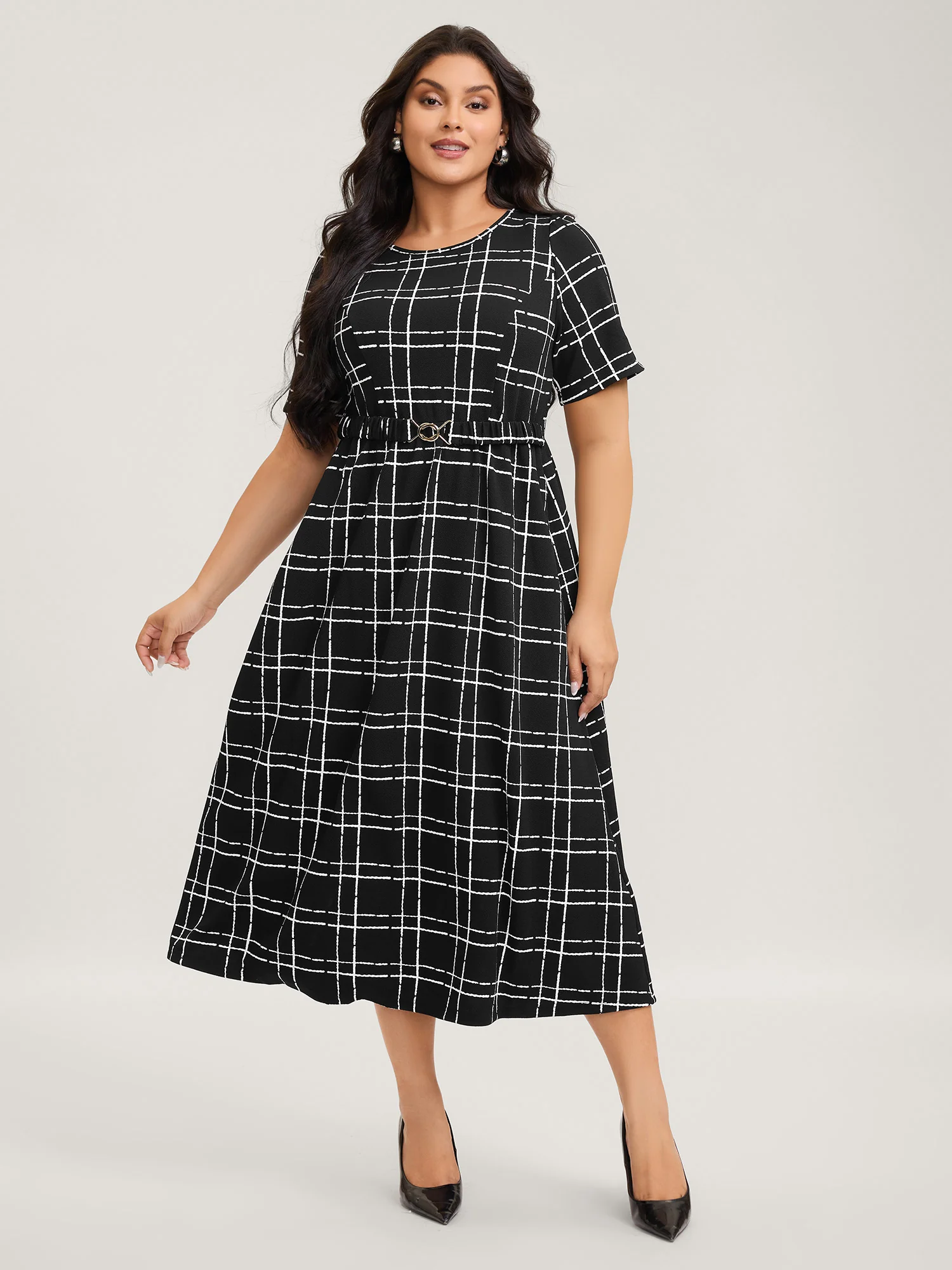 Grid Print Knit Belted Midi Dress - Image 3