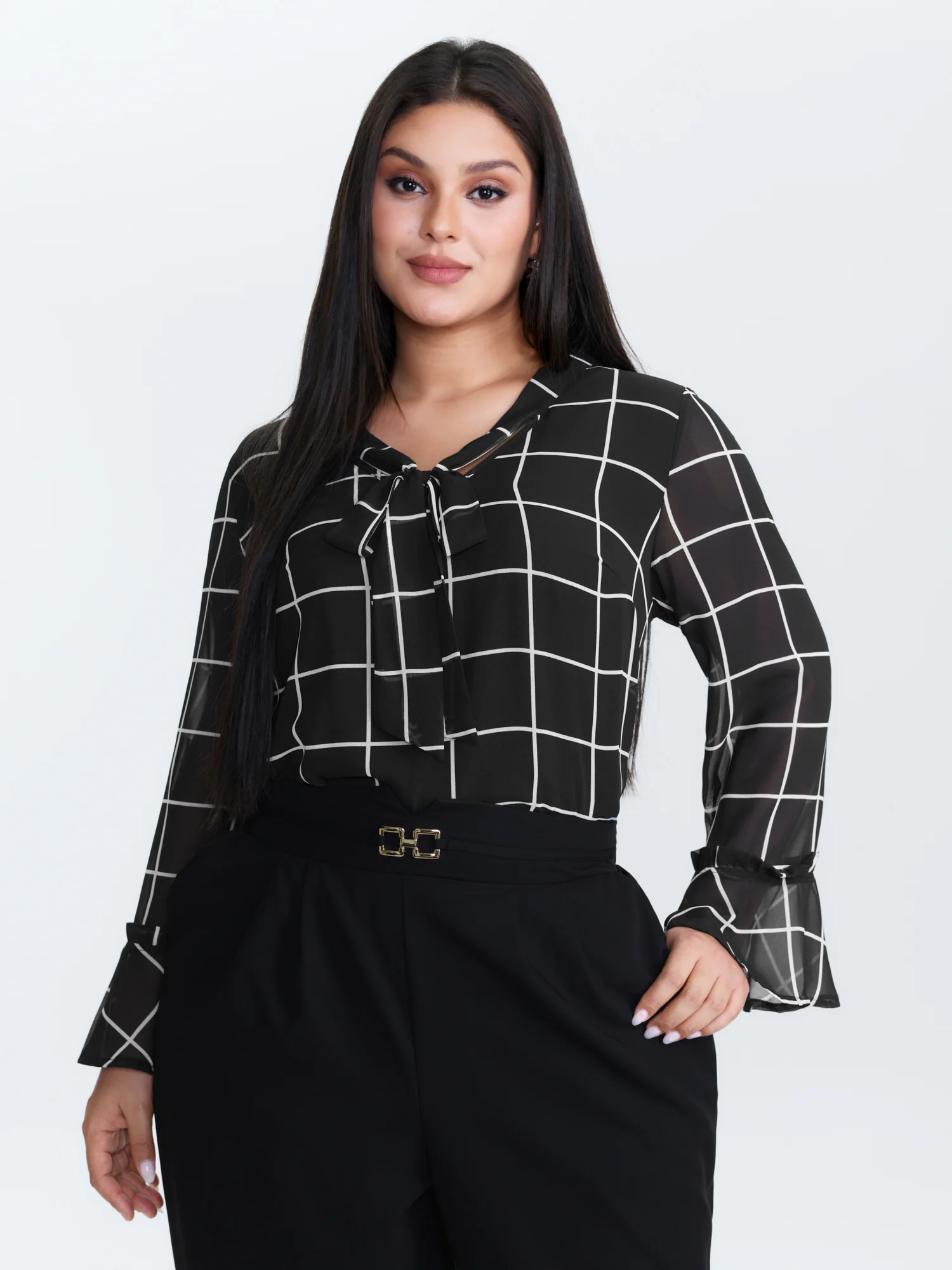 Grid Print Ruffled Sleeve Ribbon Neckline Blouse - Image 2