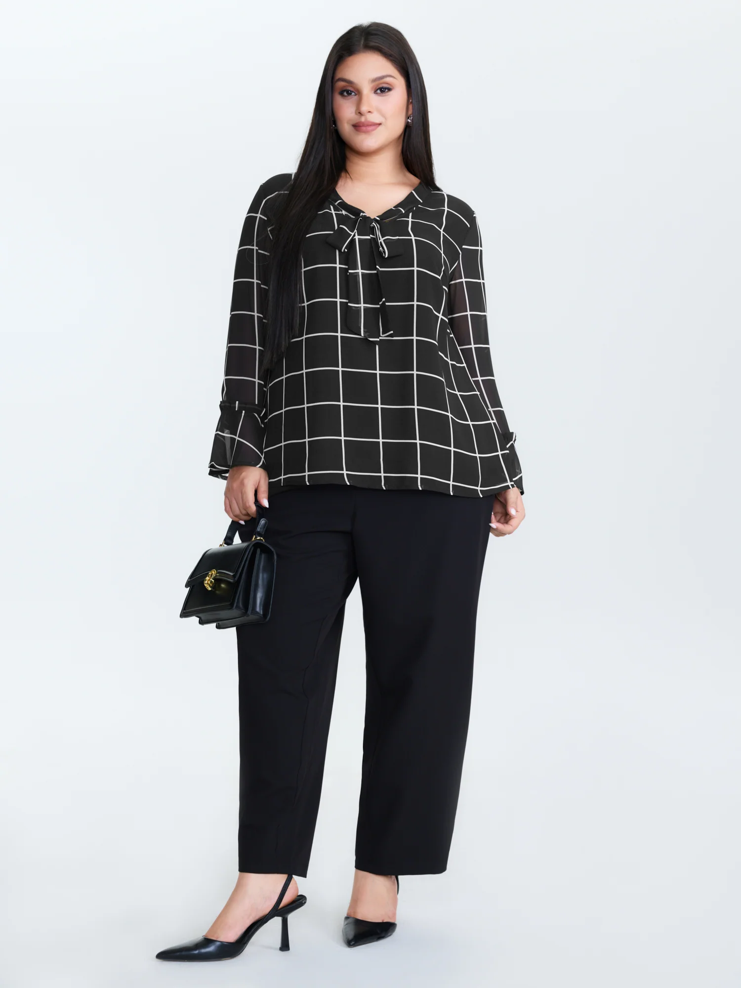 Grid Print Ruffled Sleeve Ribbon Neckline Blouse - Image 3