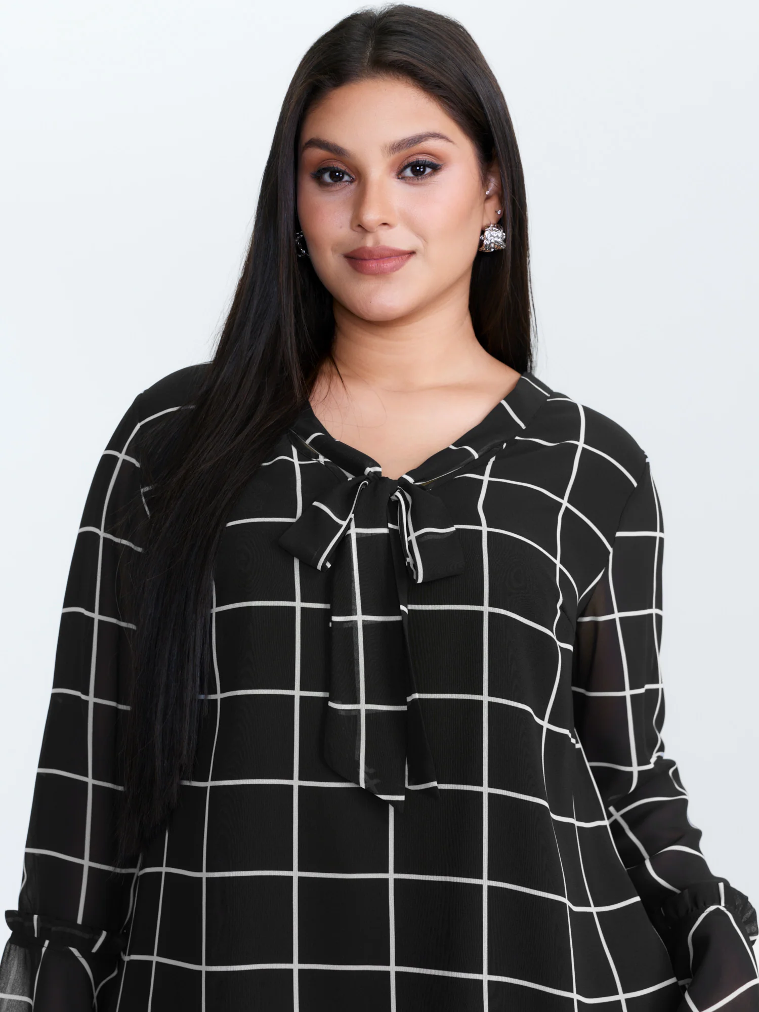 Grid Print Ruffled Sleeve Ribbon Neckline Blouse - Image 4