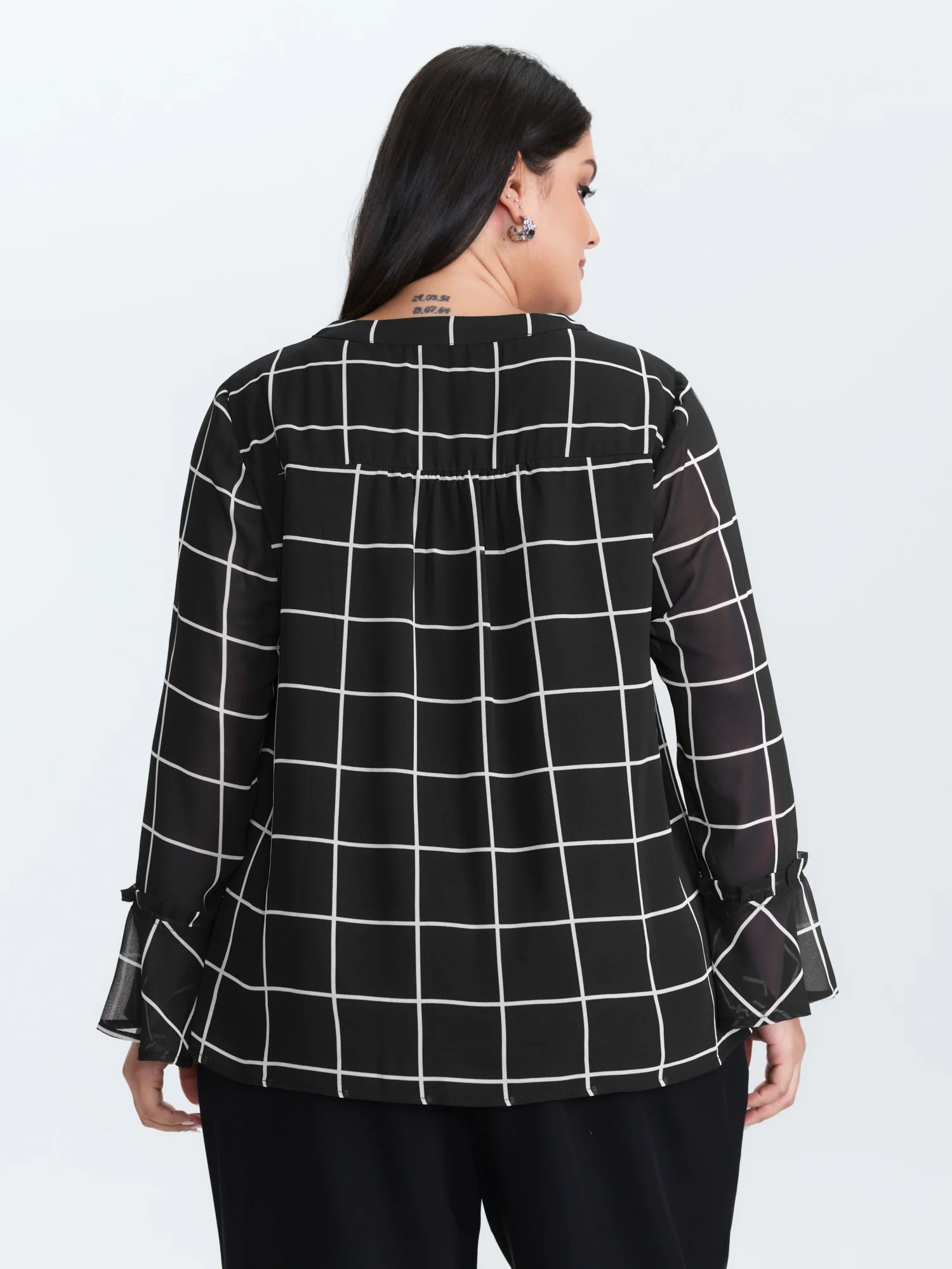 Grid Print Ruffled Sleeve Ribbon Neckline Blouse - Image 5