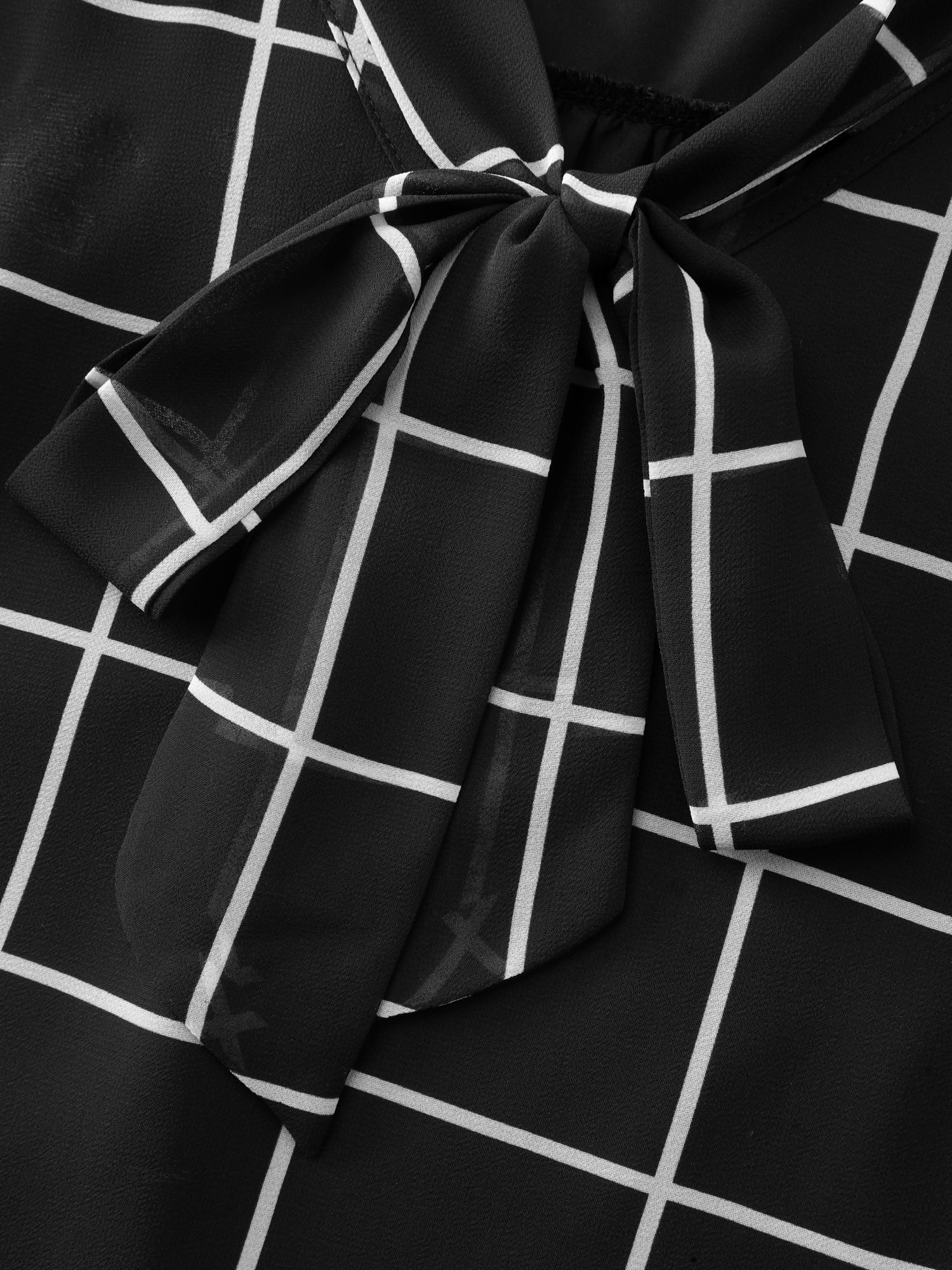Grid Print Ruffled Sleeve Ribbon Neckline Blouse - Image 6
