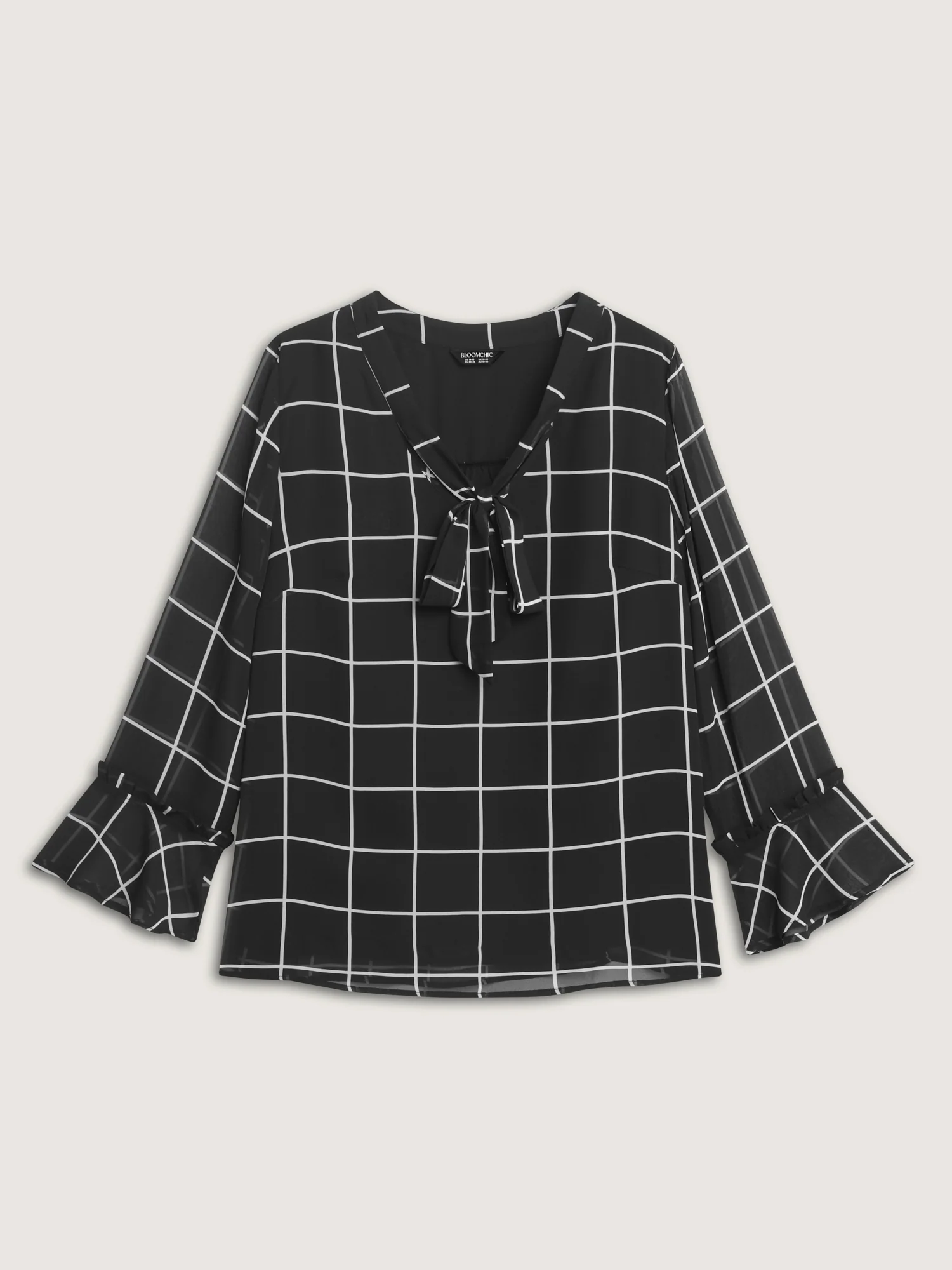 Grid Print Ruffled Sleeve Ribbon Neckline Blouse - Image 8