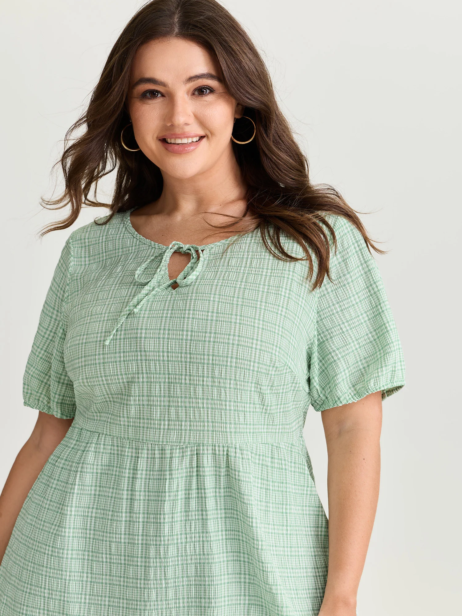 Grid Textured Drawstring Neckline Blouse - Image 2