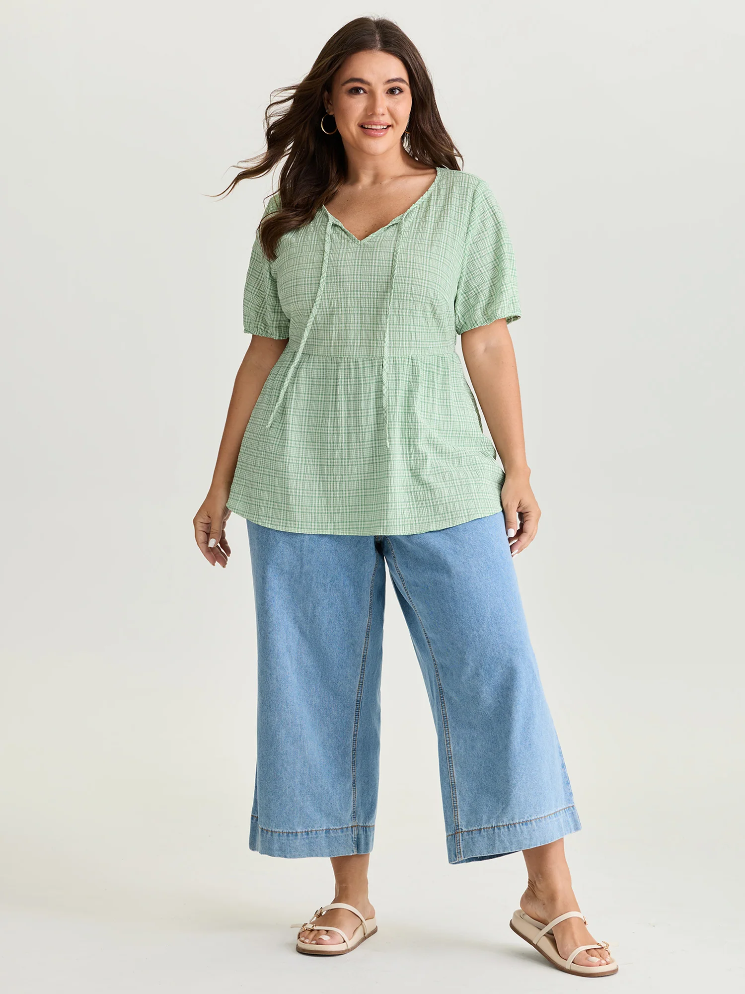 Grid Textured Drawstring Neckline Blouse - Image 3
