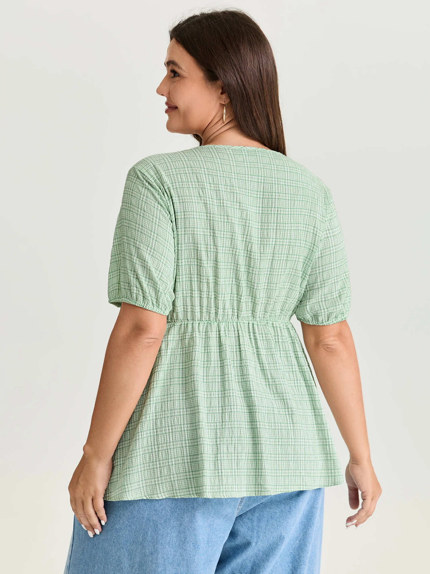 Grid Textured Drawstring Neckline Blouse - Image 4