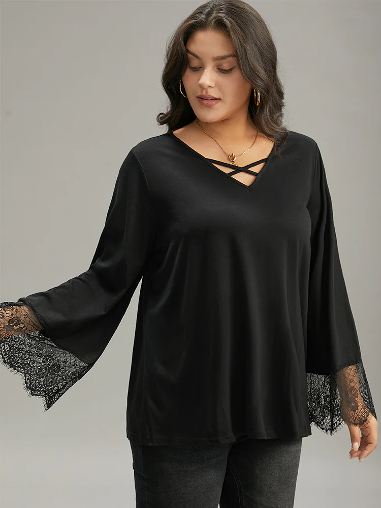 Guipure Lace Crisscross Flutter Sleeve T-shirt - Image 3