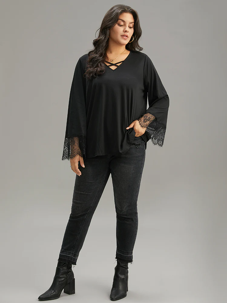 Guipure Lace Crisscross Flutter Sleeve T-shirt - Image 4