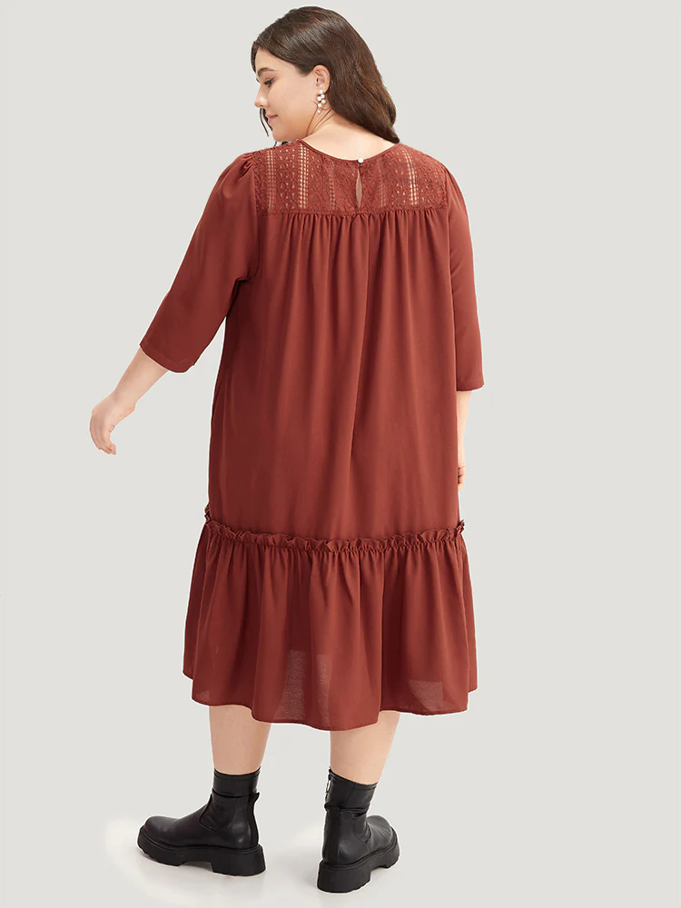 Guipure Lace Frill Trim Cut Out Ruffle Hem Dress - Image 2