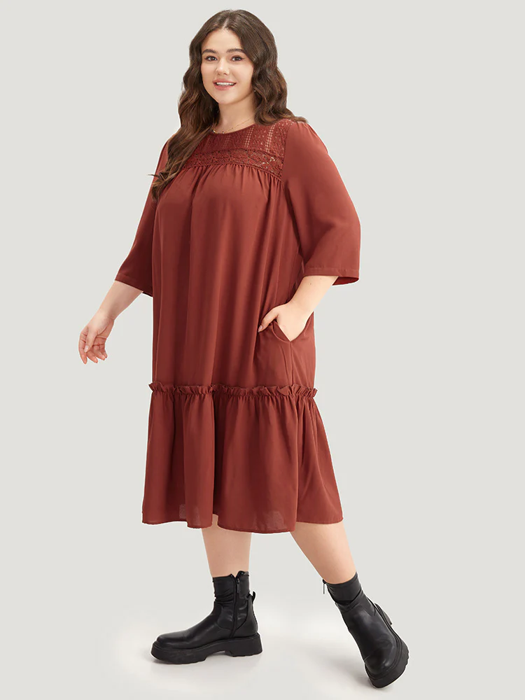 Guipure Lace Frill Trim Cut Out Ruffle Hem Dress - Image 3