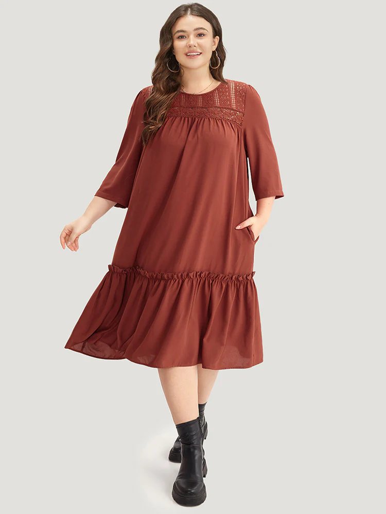Guipure Lace Frill Trim Cut Out Ruffle Hem Dress - Image 4