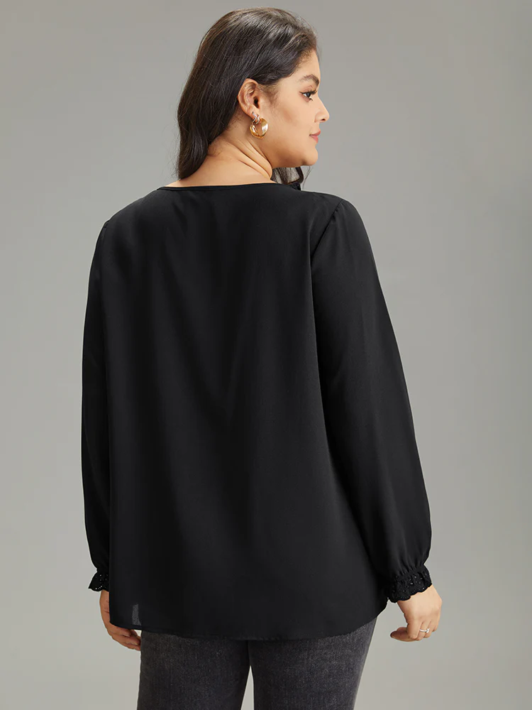 Guipure Lace Laser Cut Patchwork Lantern Sleeve Blouse - Image 3
