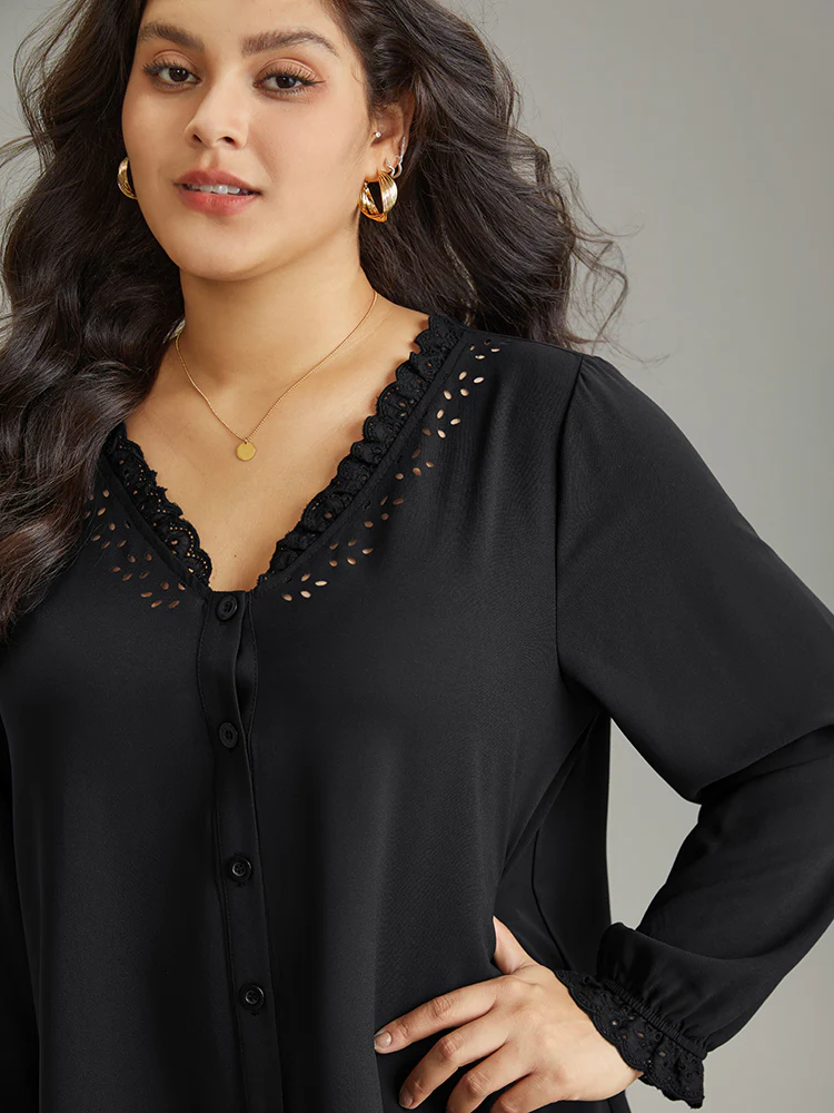 Guipure Lace Laser Cut Patchwork Lantern Sleeve Blouse - Image 4