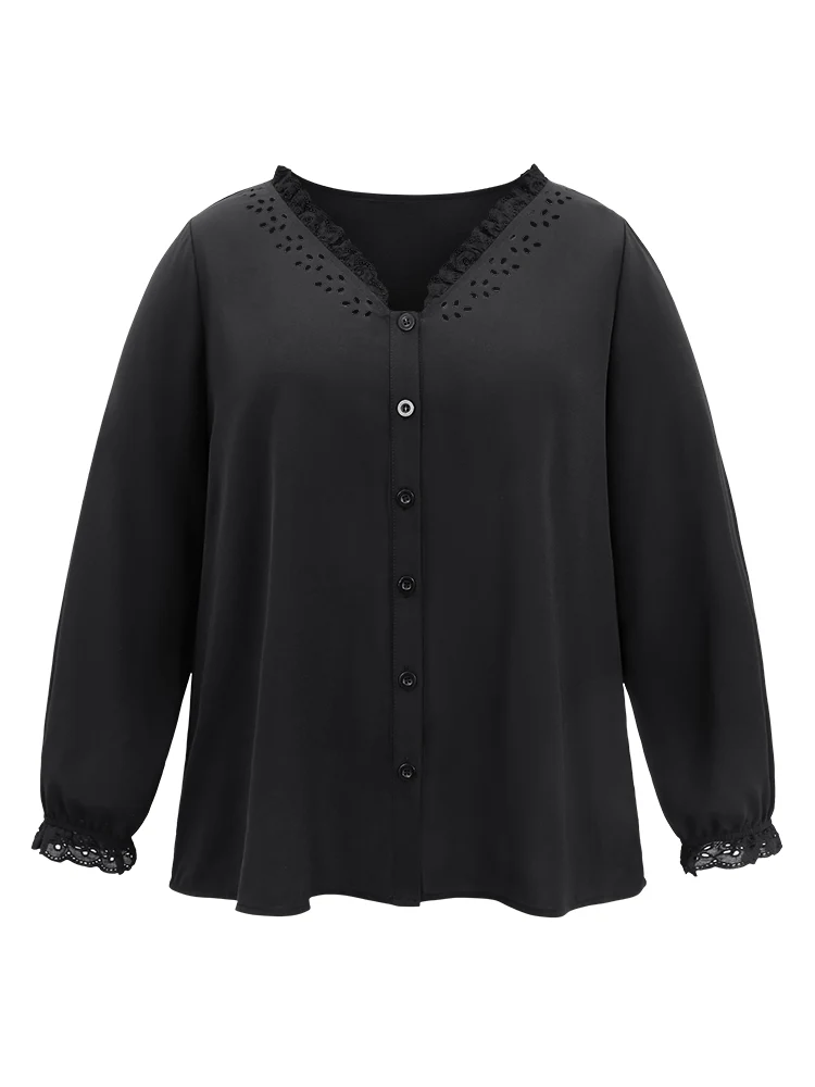 Guipure Lace Laser Cut Patchwork Lantern Sleeve Blouse - Image 5