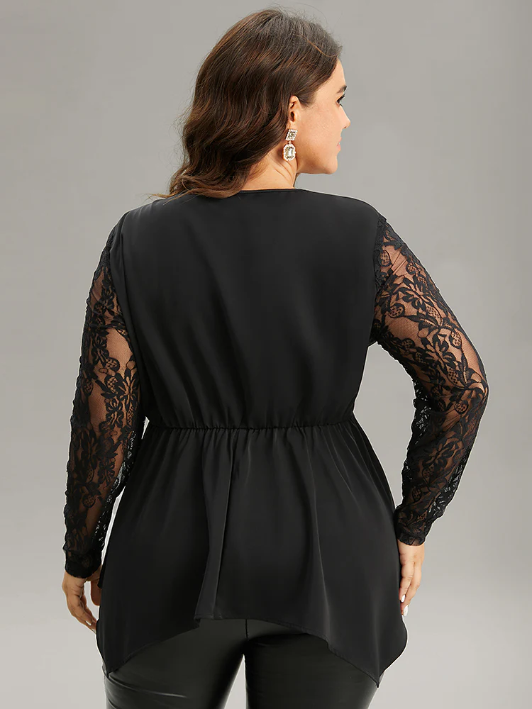 Guipure Lace Metal Detail Cut Out Hanky Hem Blouse - Image 2