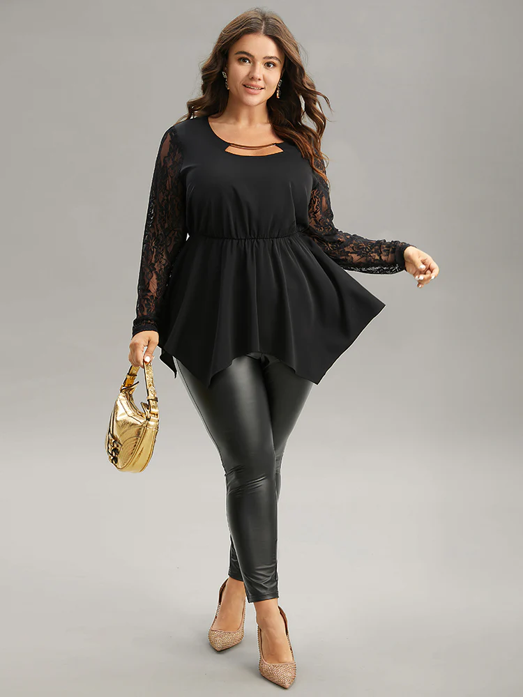 Guipure Lace Metal Detail Cut Out Hanky Hem Blouse - Image 3