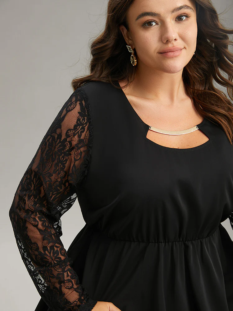 Guipure Lace Metal Detail Cut Out Hanky Hem Blouse - Image 4