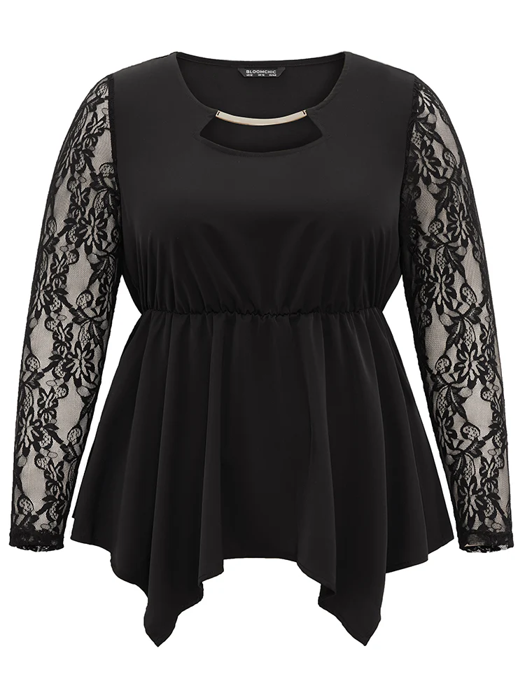 Guipure Lace Metal Detail Cut Out Hanky Hem Blouse - Image 6
