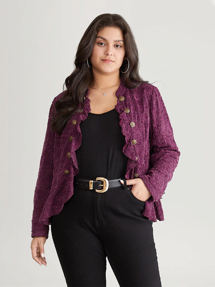 Guipure Lace Ruffle Trim Buckle Detail Jacket - Image 3