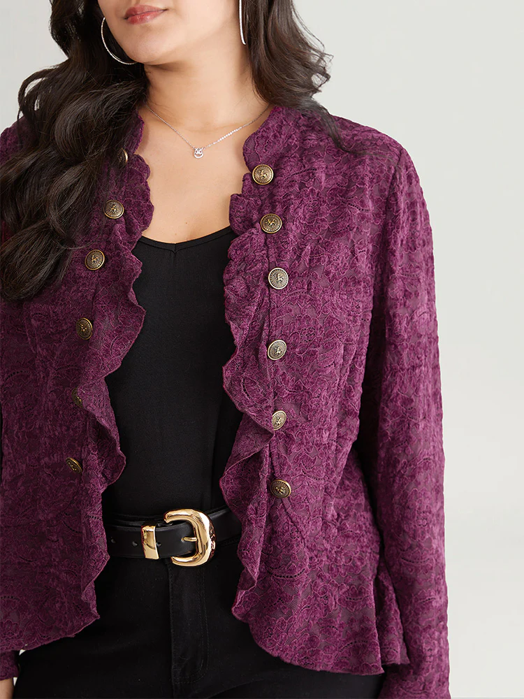Guipure Lace Ruffle Trim Buckle Detail Jacket - Image 5