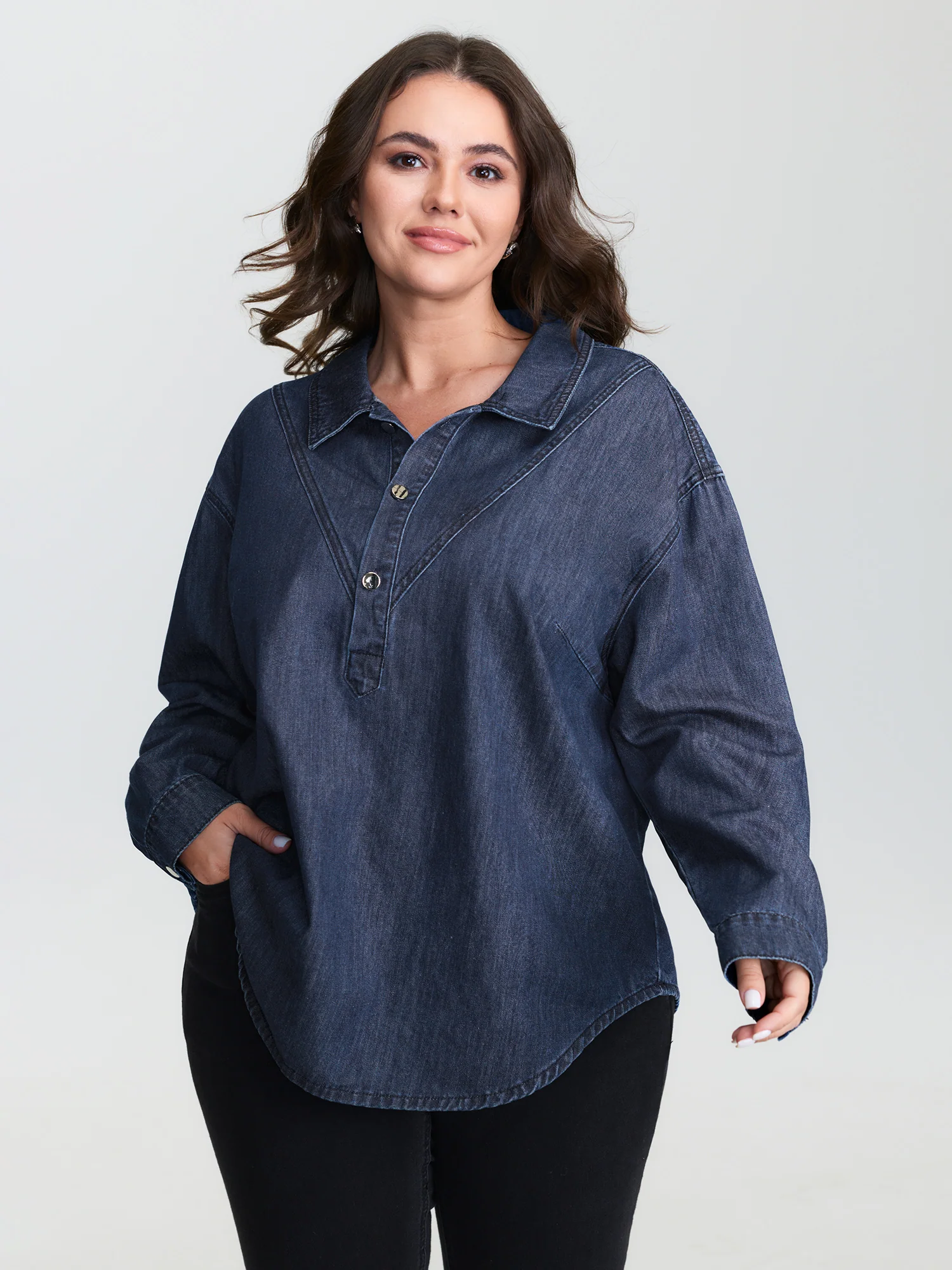 Half Placket Button Curvy Hem Denim Shirt - Image 2