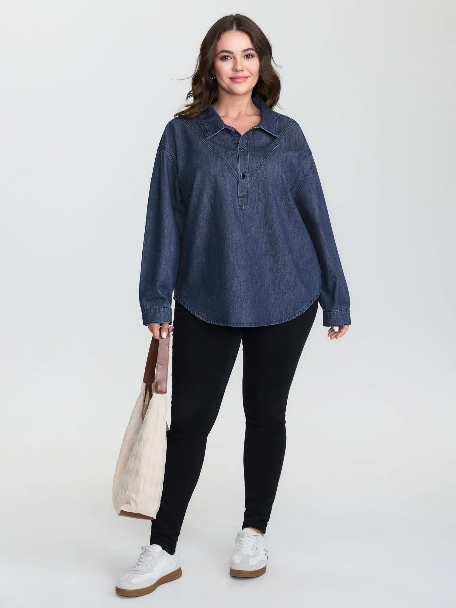 Half Placket Button Curvy Hem Denim Shirt - Image 3