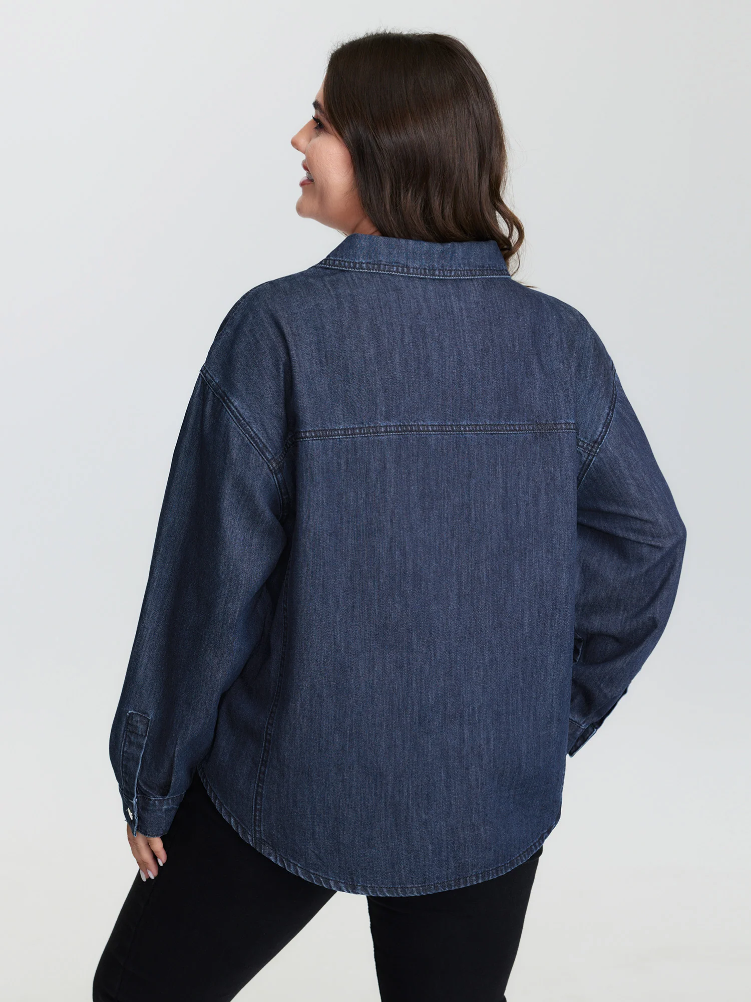 Half Placket Button Curvy Hem Denim Shirt - Image 4