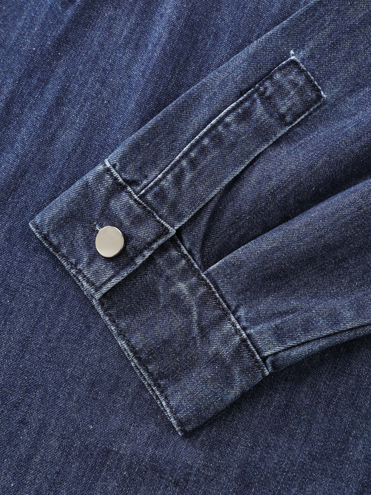 Half Placket Button Curvy Hem Denim Shirt - Image 5