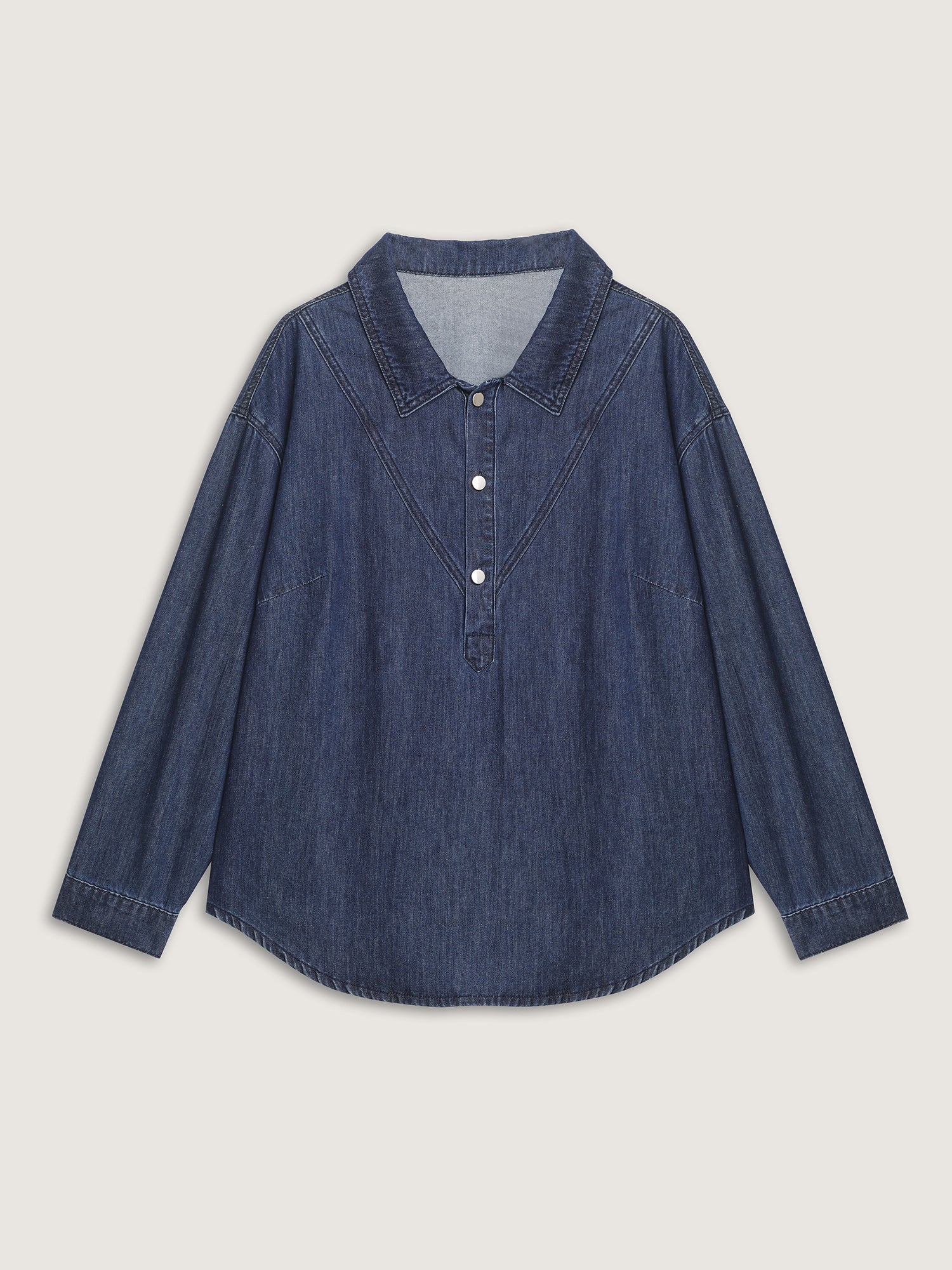 Half Placket Button Curvy Hem Denim Shirt - Image 7