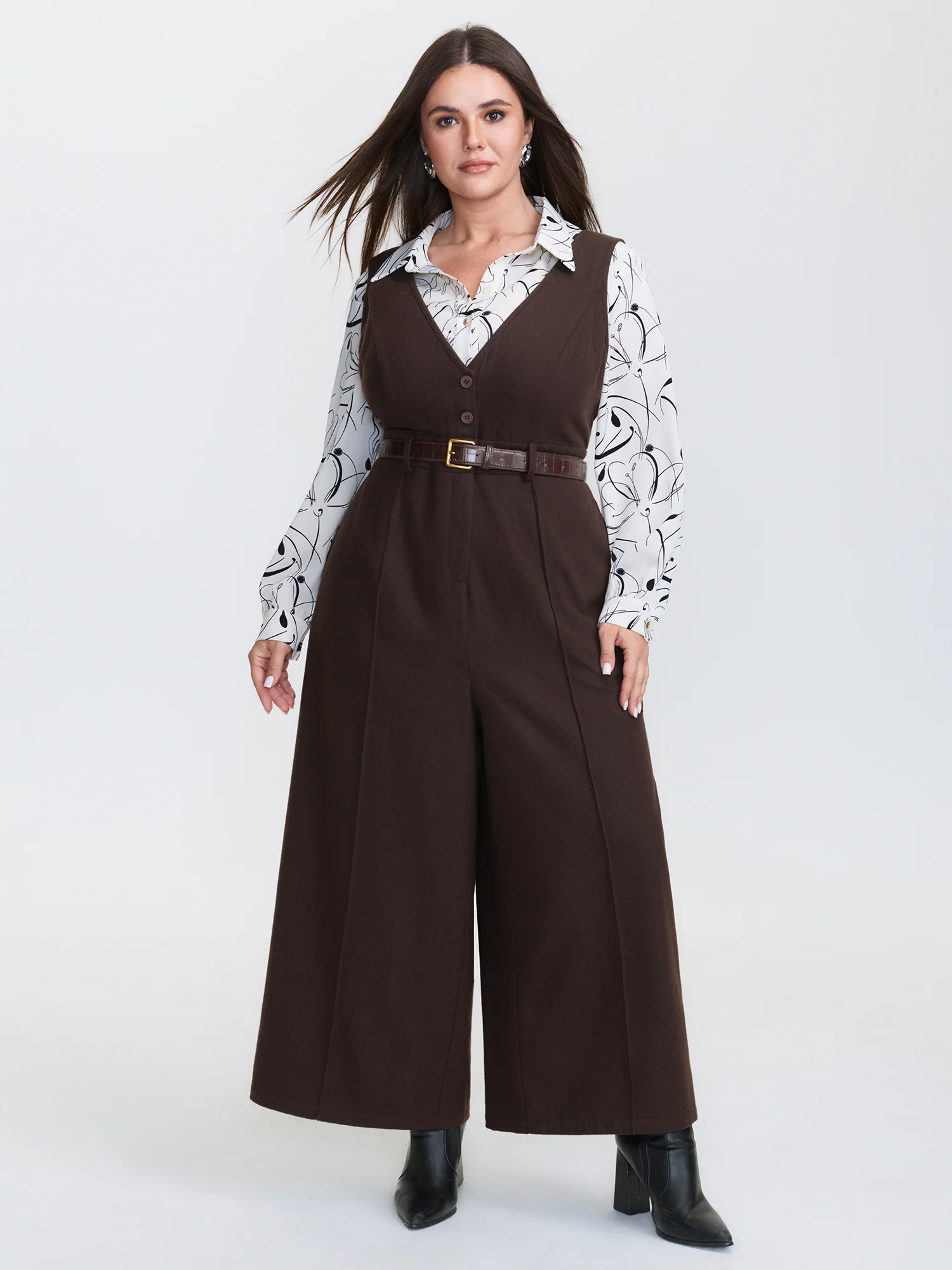 Half Wool Blend Belted Overall Jumpsuit - Image 3