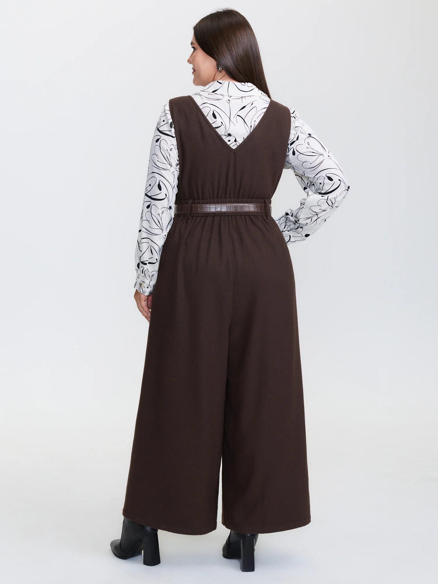 Half Wool Blend Belted Overall Jumpsuit - Image 4
