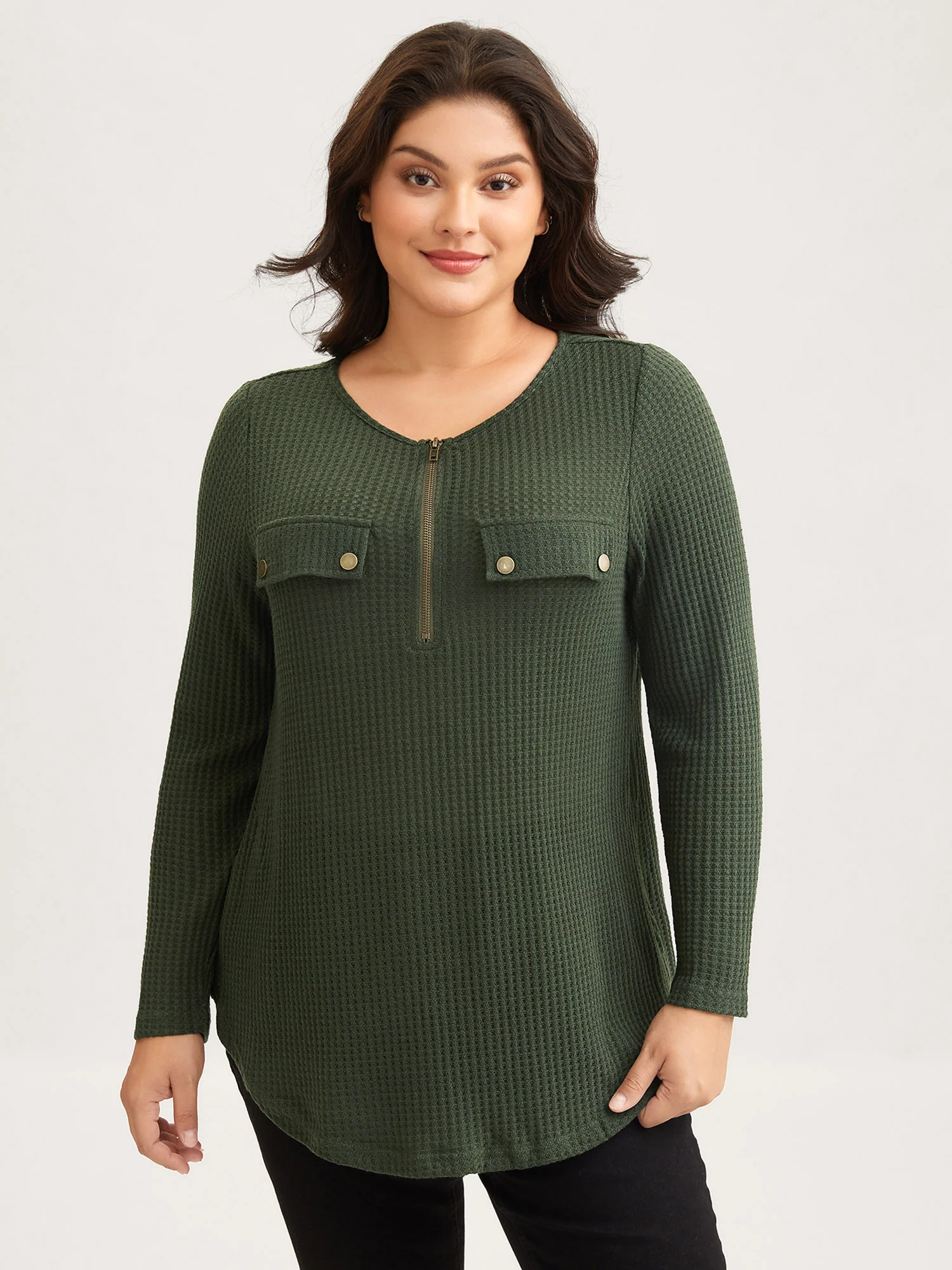 Half Zipper Flap Detail Pockets Knit Top - Image 2