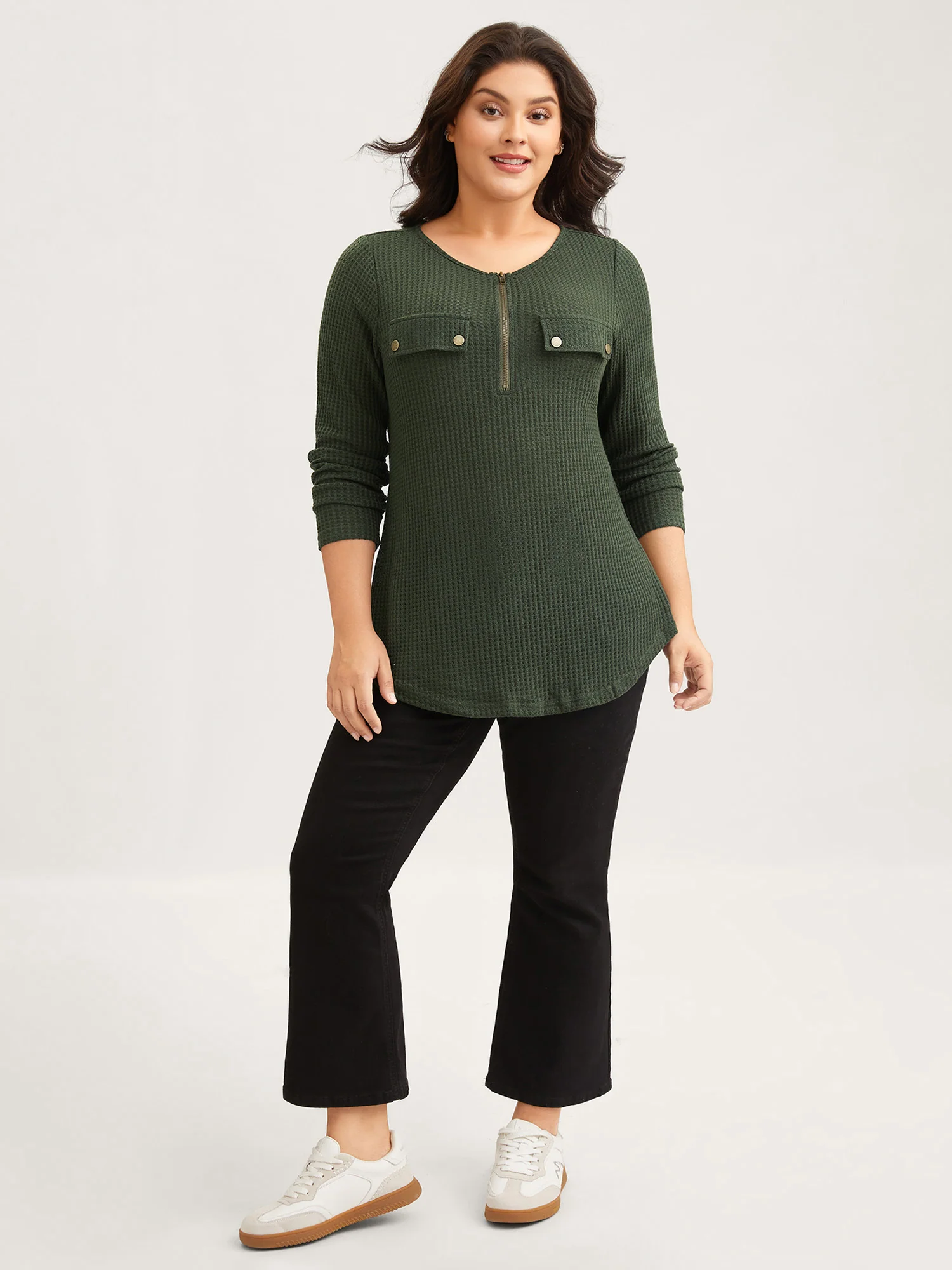 Half Zipper Flap Detail Pockets Knit Top - Image 3
