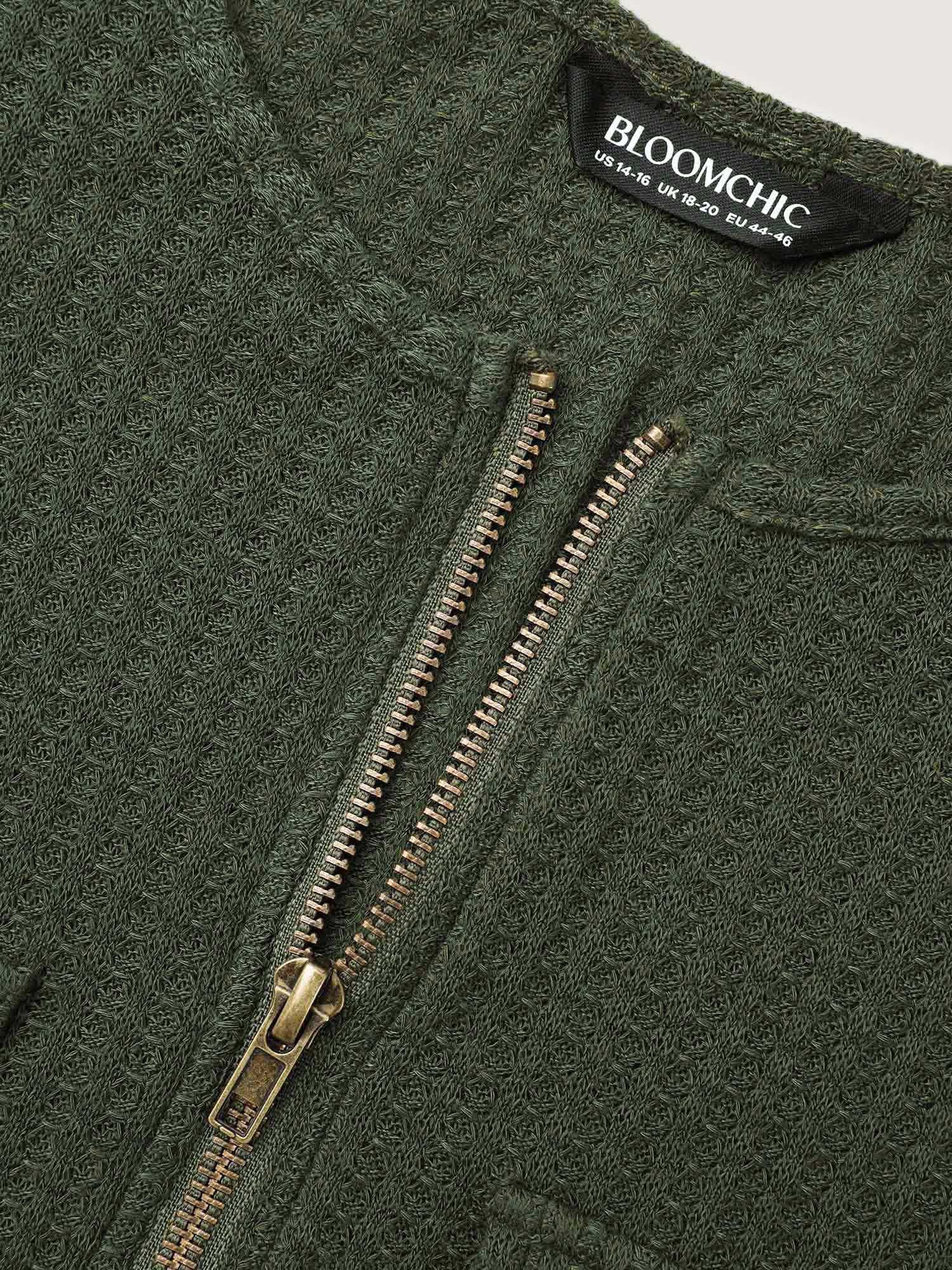 Half Zipper Flap Detail Pockets Knit Top - Image 5
