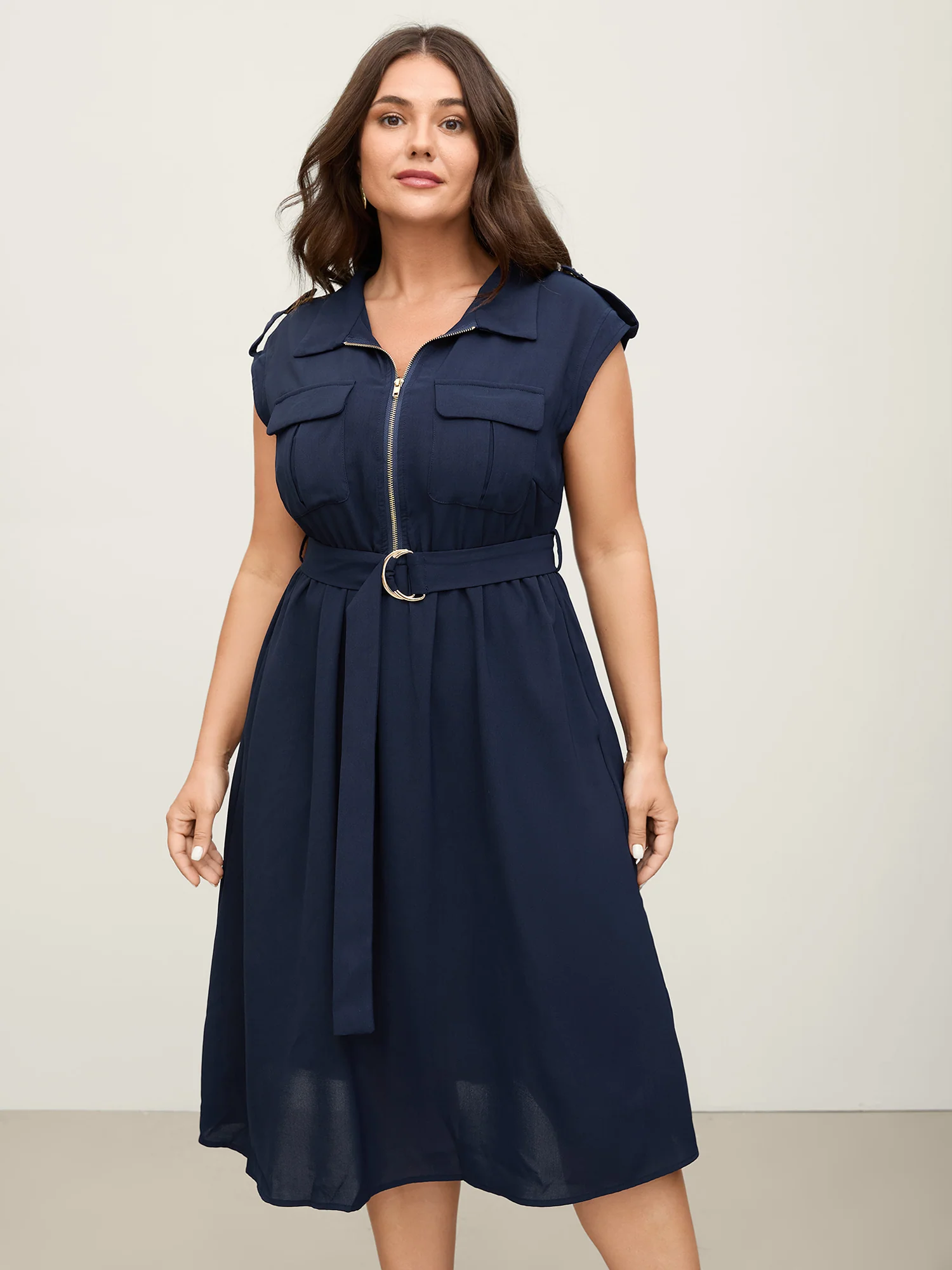 Half Zipper Pockets Belted Midi Dress - Image 3