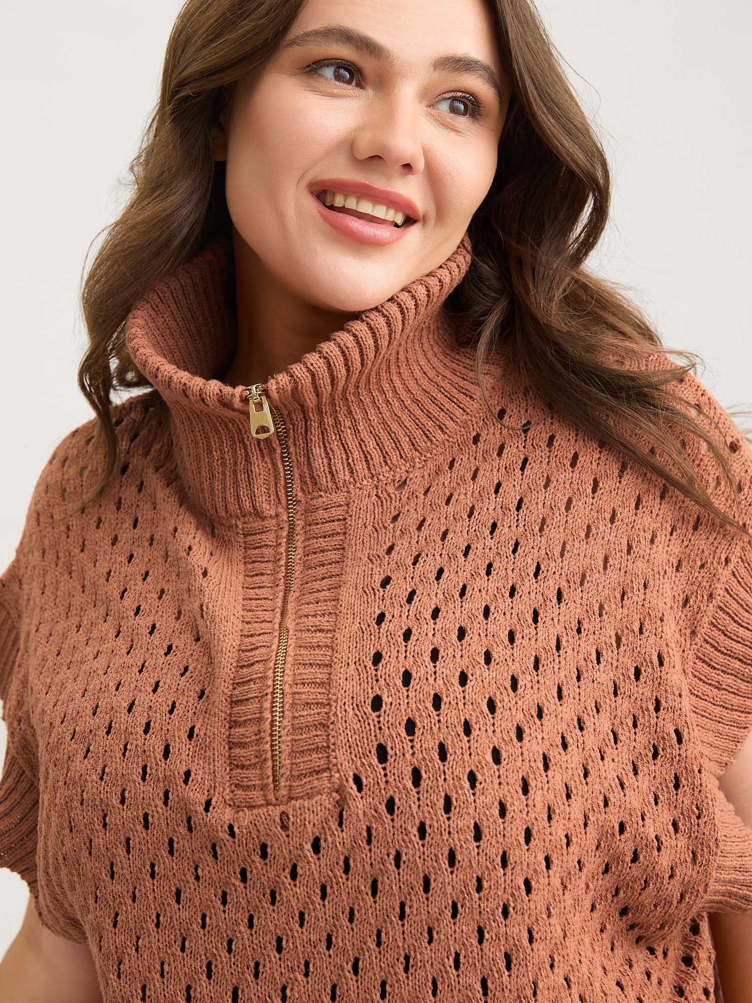 Half-Zipper Sheer Textured Sleeveless Pullover - Image 2