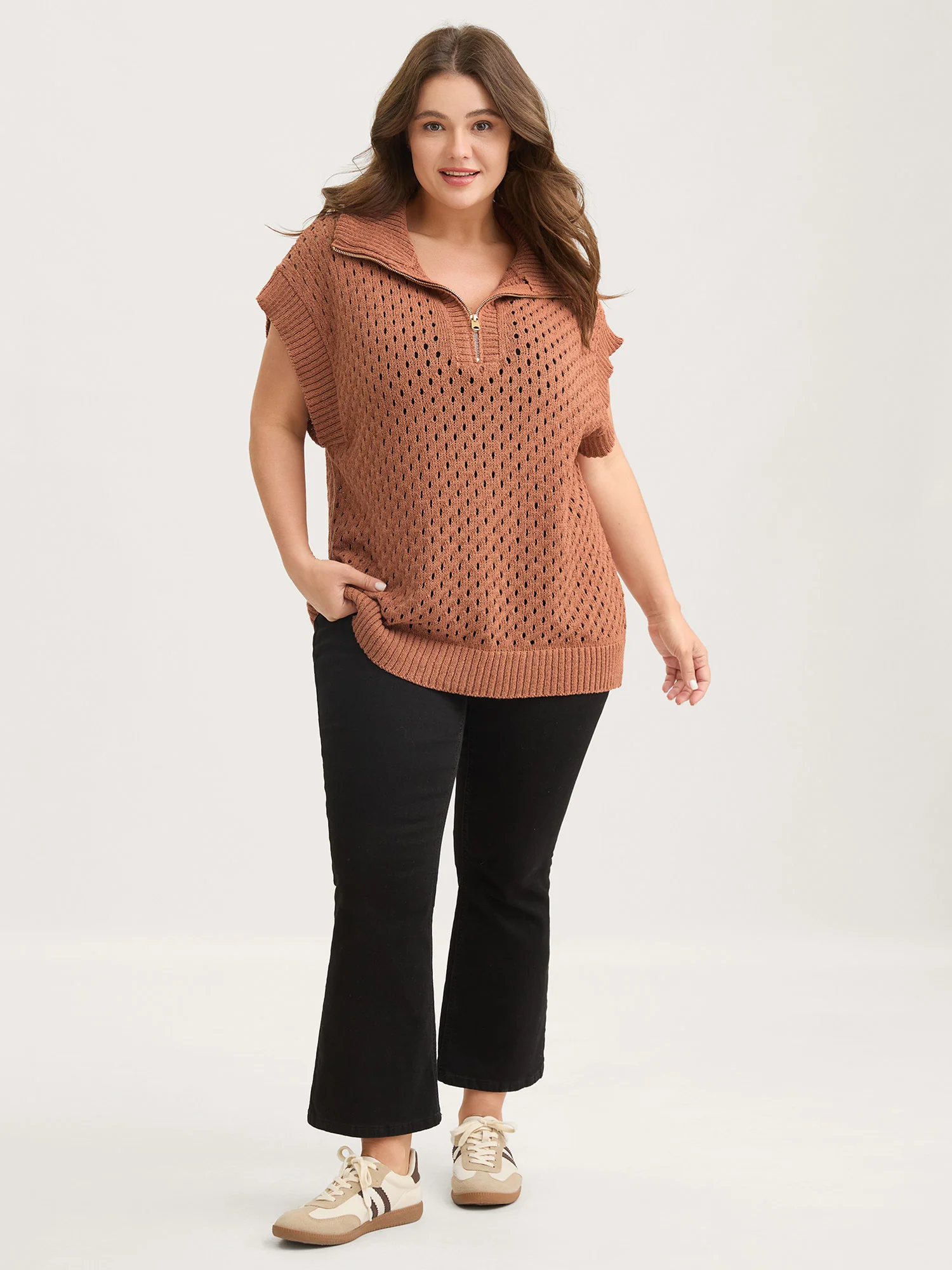 Half-Zipper Sheer Textured Sleeveless Pullover - Image 3
