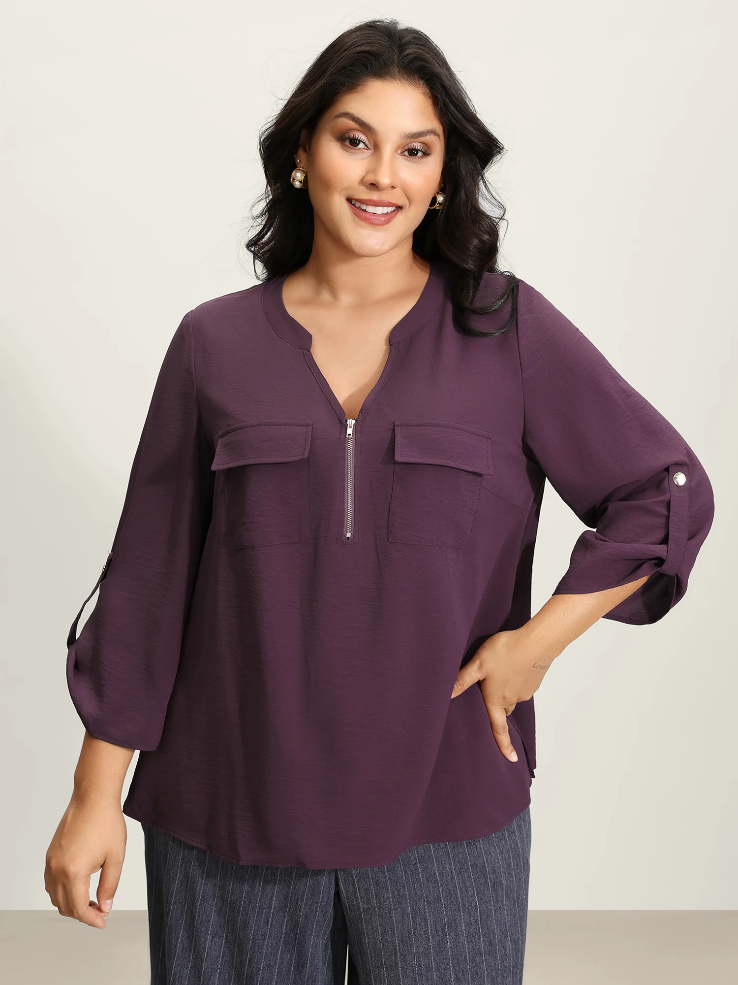 Half Zipper Tab Sleeve Blouse - Image 2