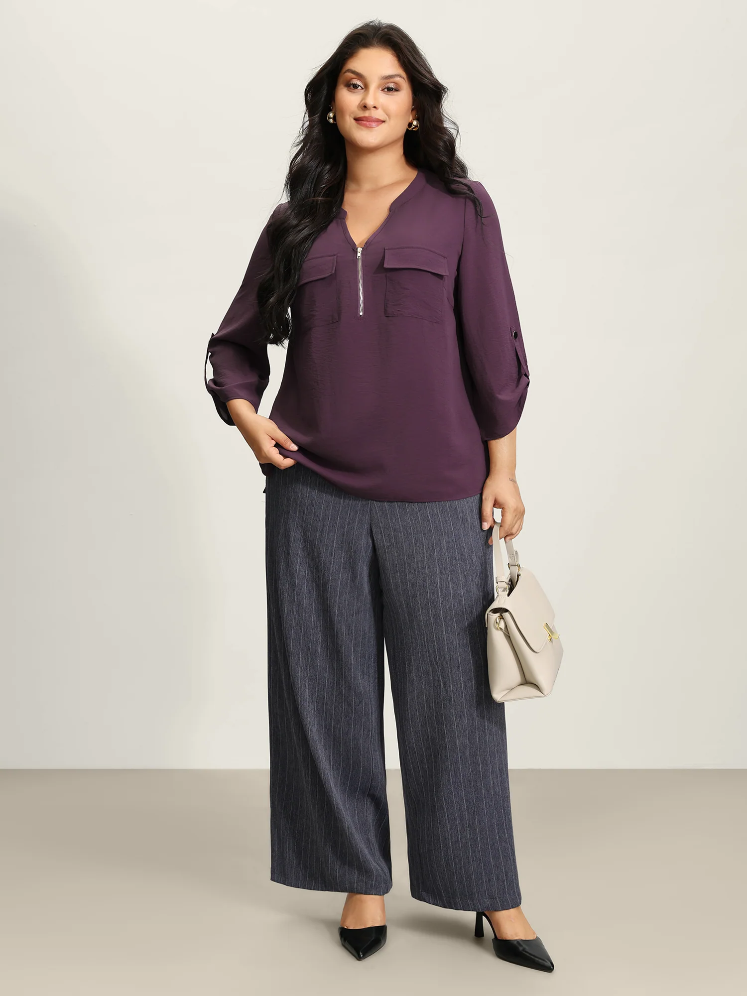 Half Zipper Tab Sleeve Blouse - Image 3