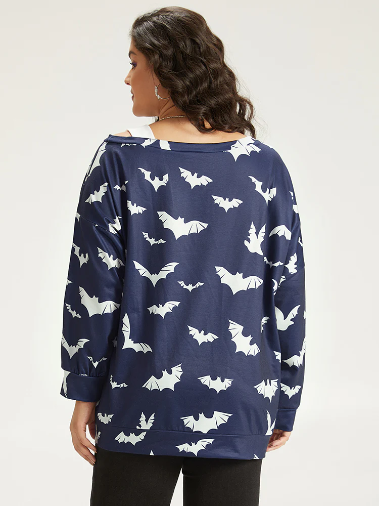 Halloween Bat Print Elastic Cuffs Cold Shoulder Sweatshirt - Image 2