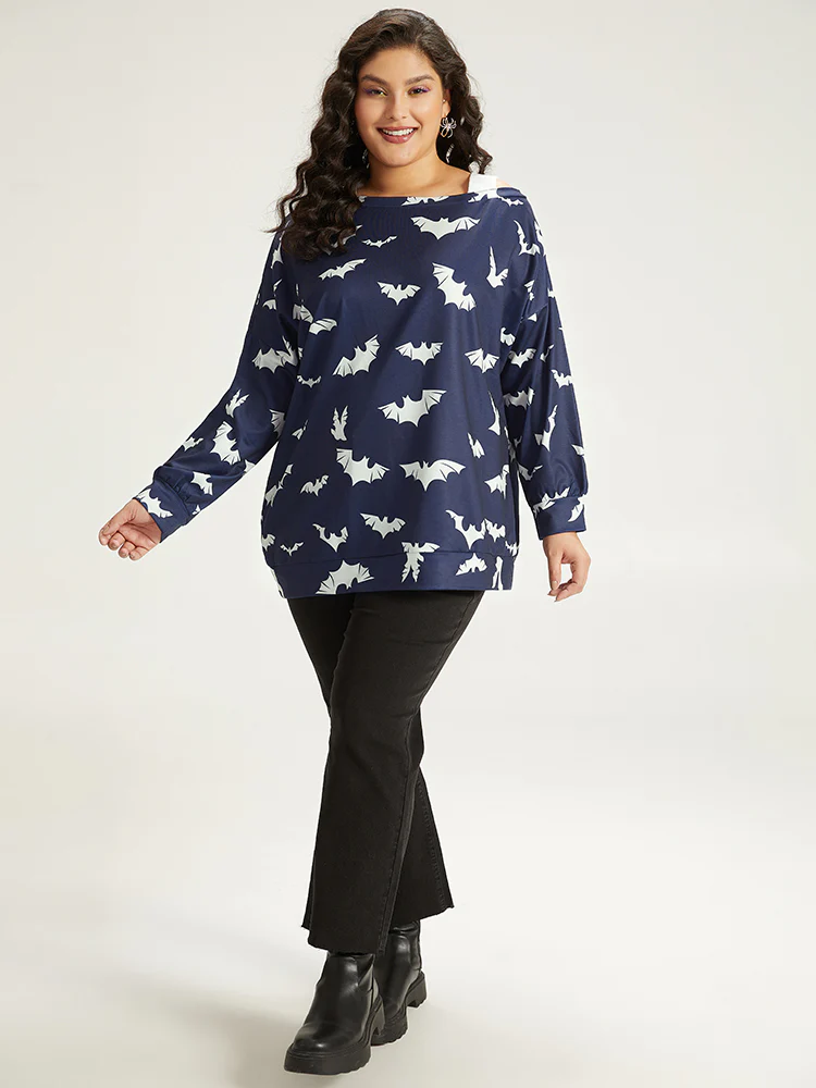 Halloween Bat Print Elastic Cuffs Cold Shoulder Sweatshirt - Image 3
