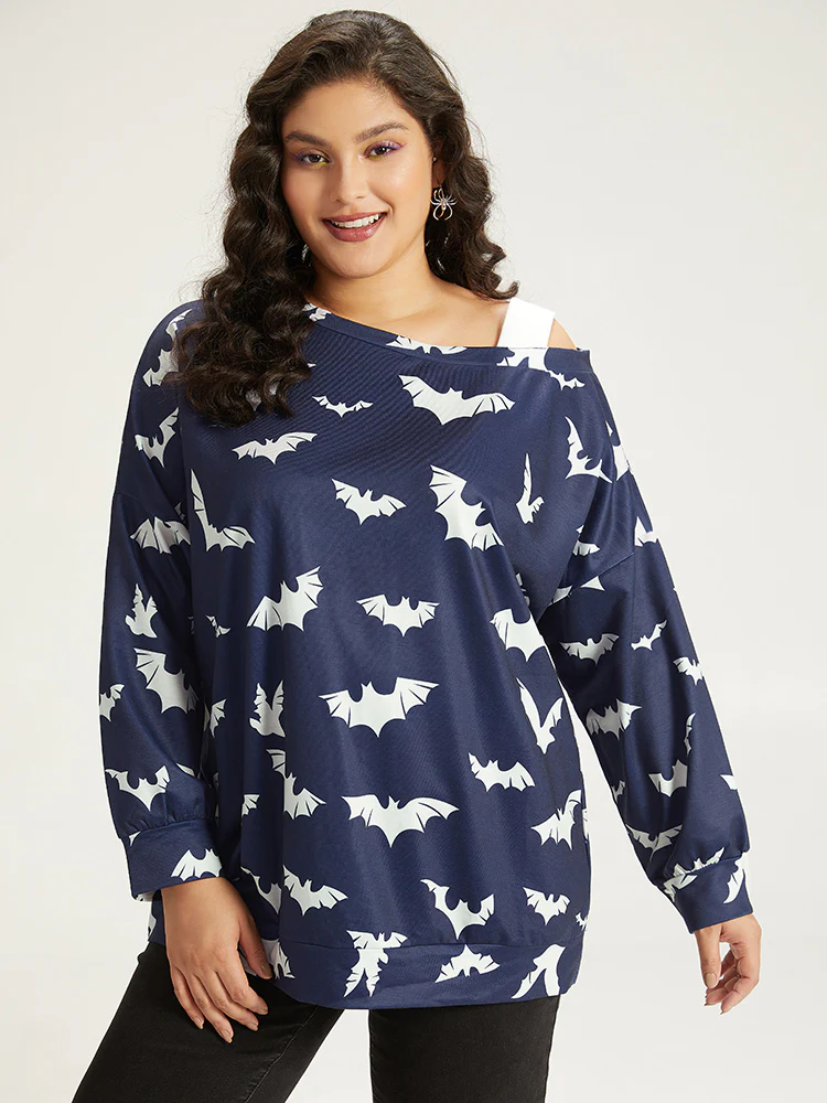 Halloween Bat Print Elastic Cuffs Cold Shoulder Sweatshirt - Image 4